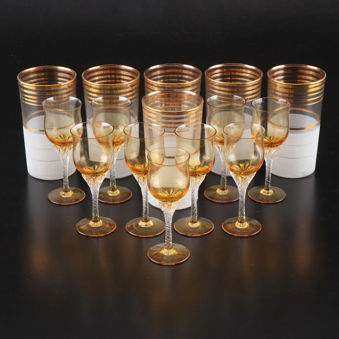 West Virginia Glass "Frost Nip" Tumblers with Twist Stem Cordial Glasses
