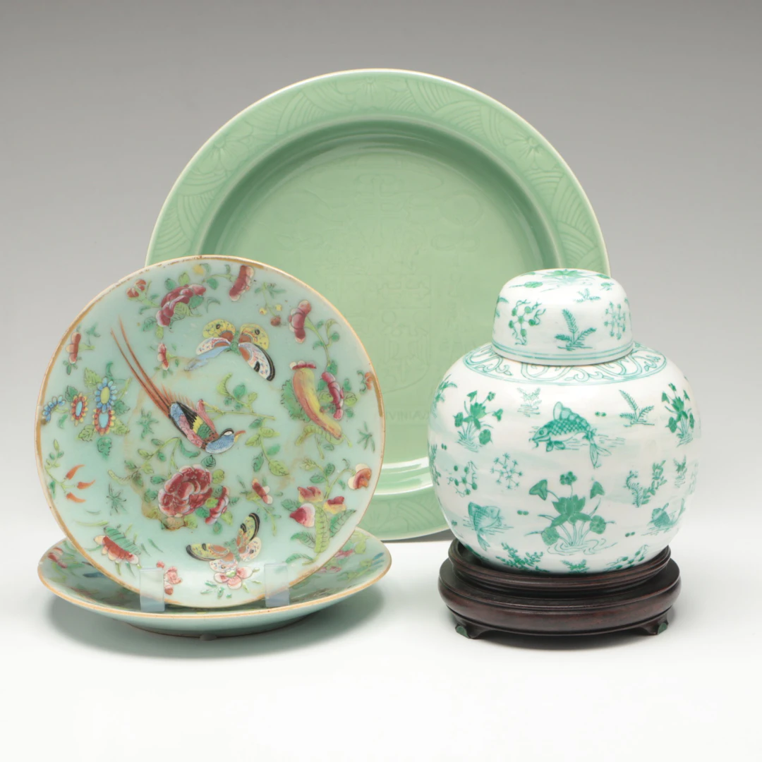 Rookwood "Confidentia Divini" Plate with Famille Rose Plates and Canton