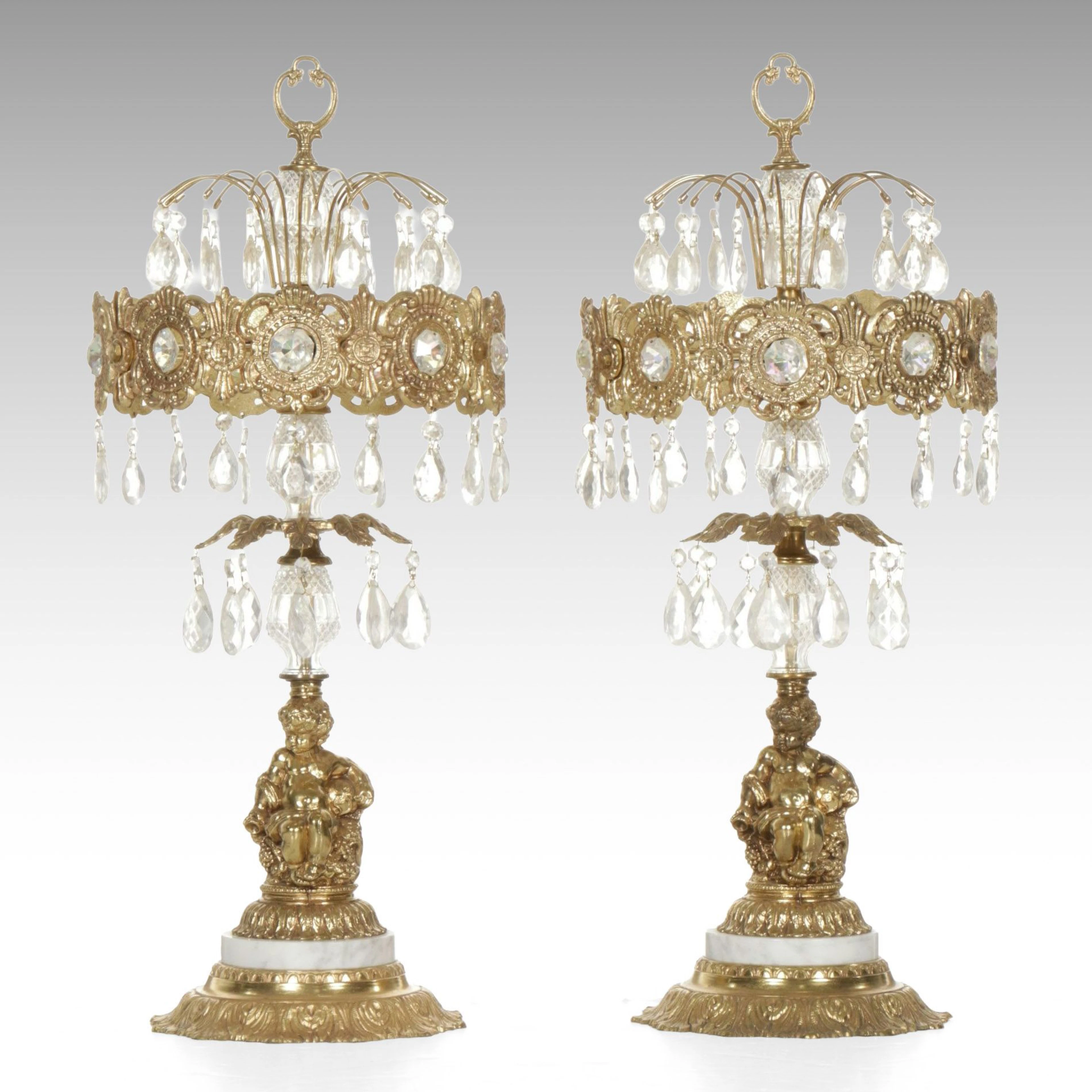 Pair of Gimble Bros Hollywood Regency Table Lamps with Crystal Teardrops, 1972