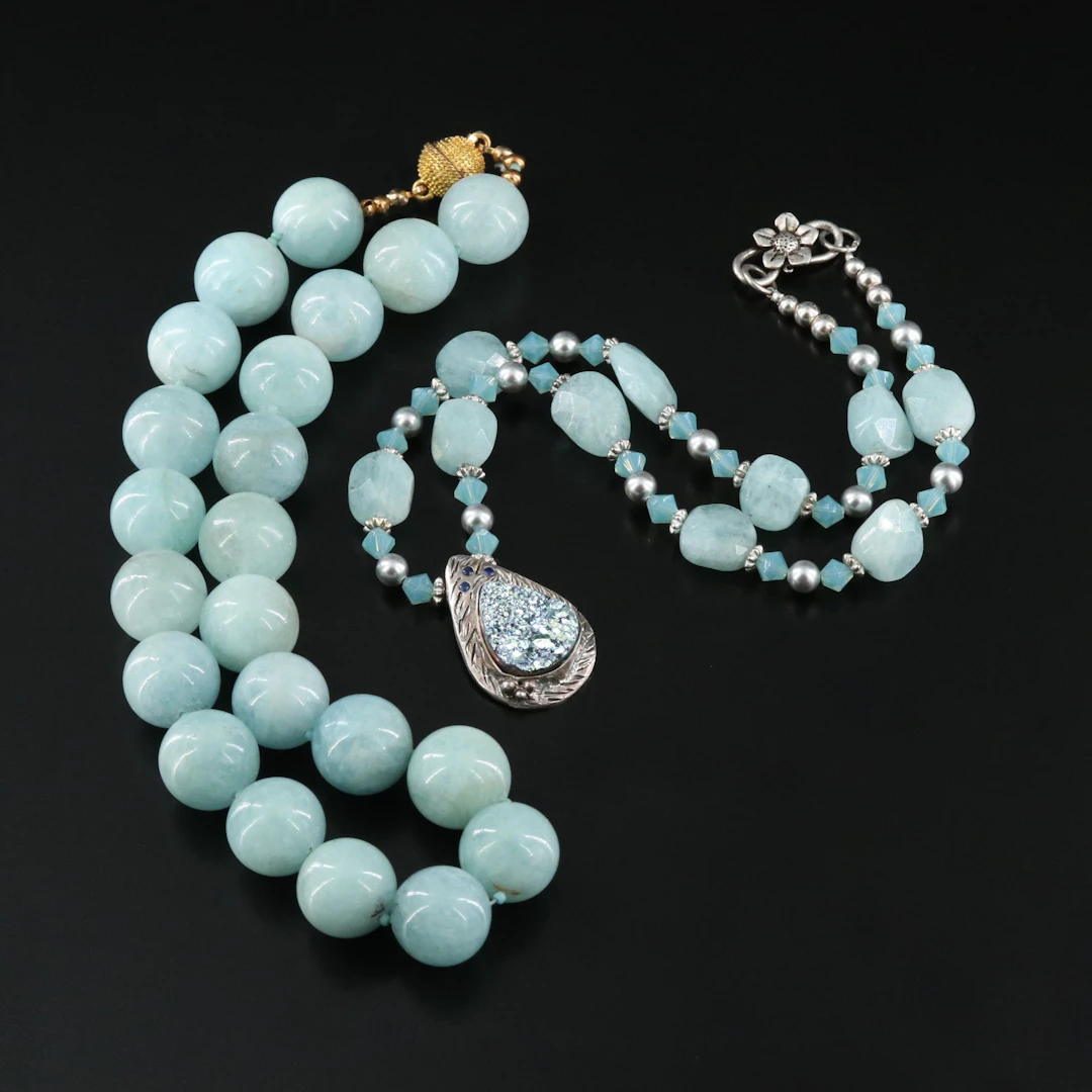 Aquamarine Necklaces with 999 Silver Pendant Featuring Druzy