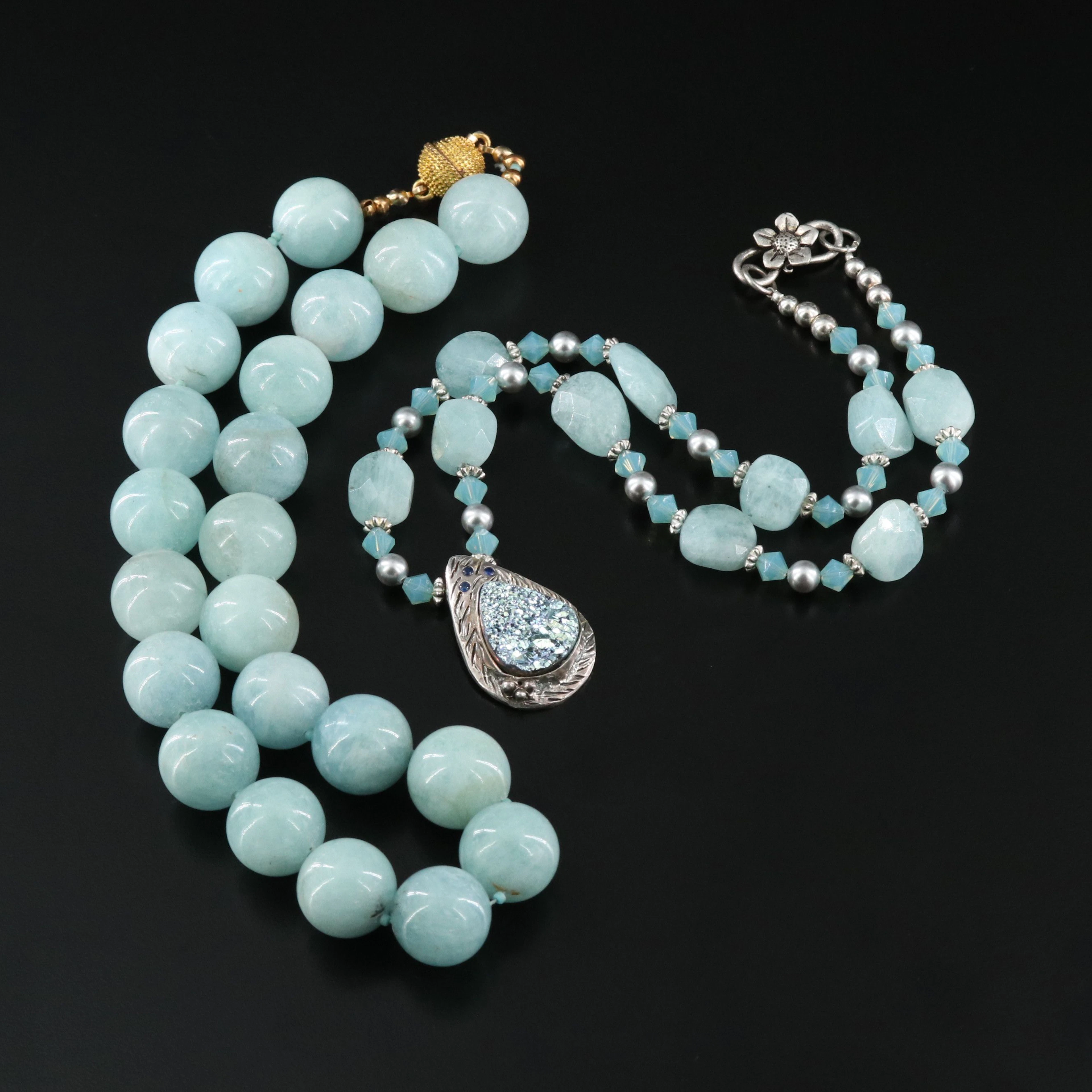 Aquamarine Necklaces with 999 Silver Pendant Featuring Druzy