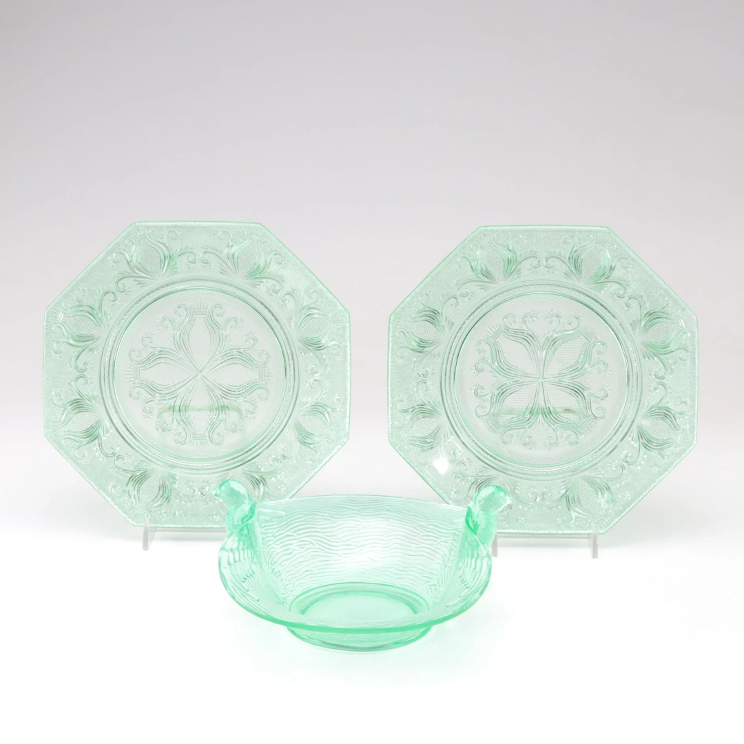 Uranium Glass "Bird in Flight" Bowl & Imperial Glass "Blaise" Salad Plates