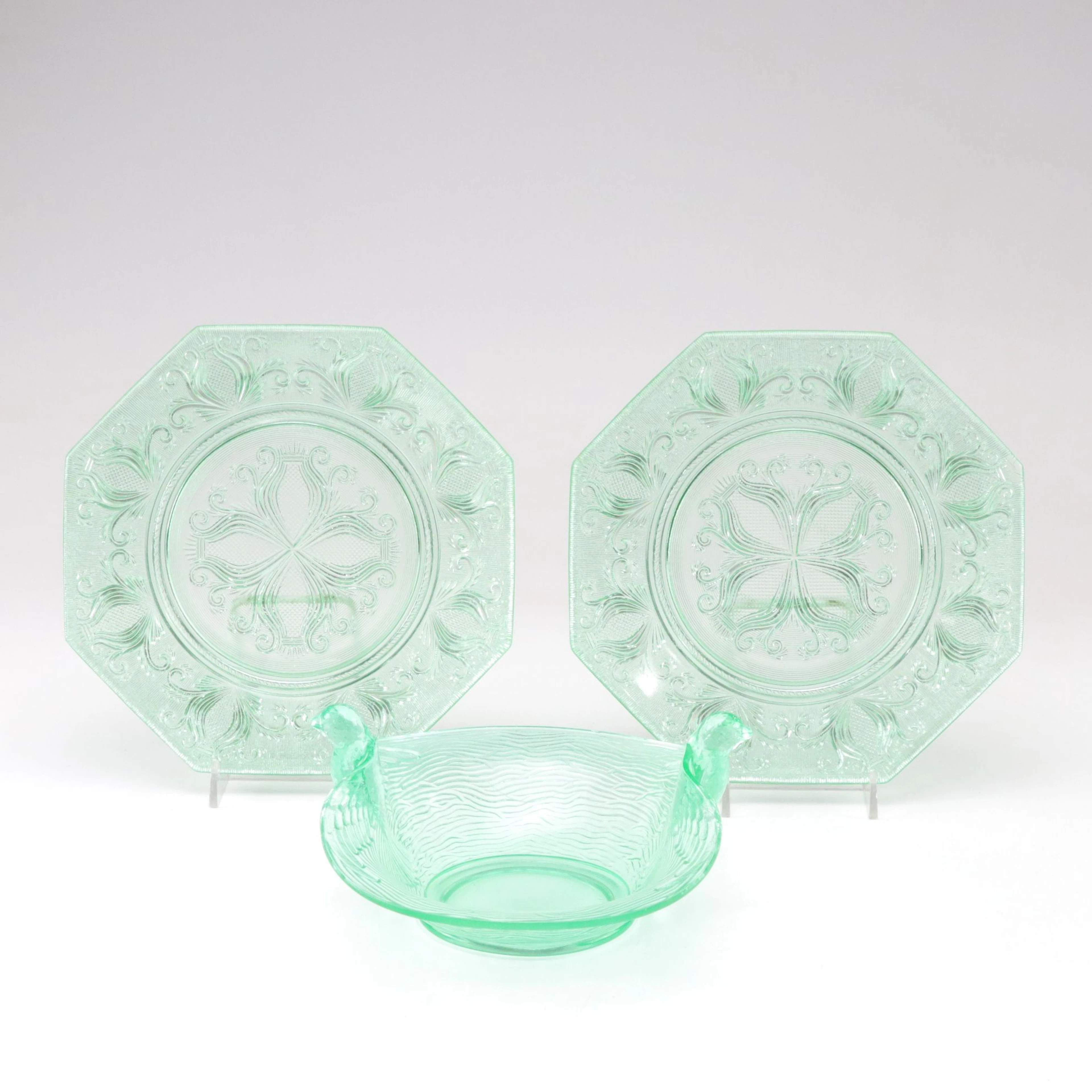 Uranium Glass "Bird in Flight" Bowl & Imperial Glass "Blaise" Salad Plates