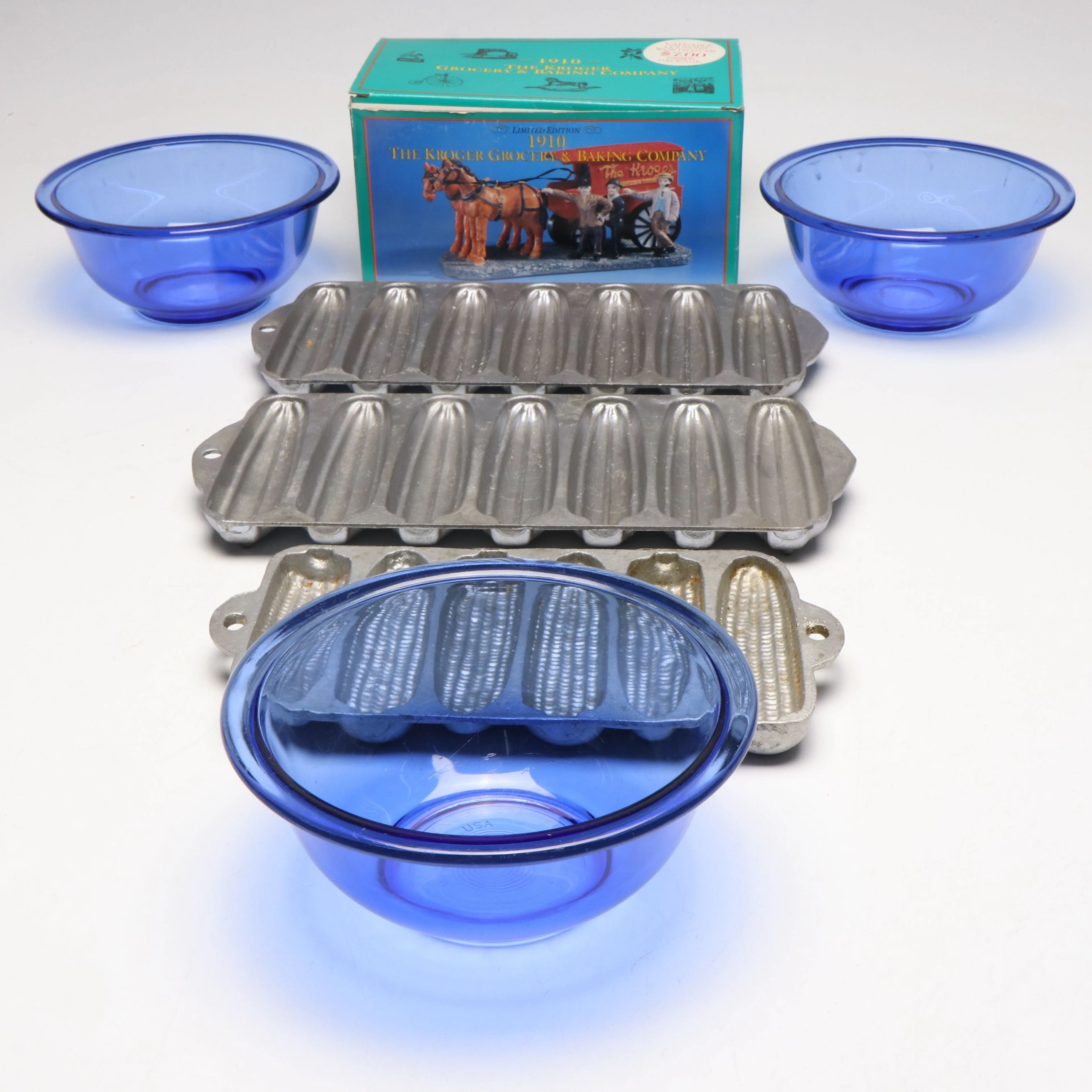 Aluminum Cornbread Baking Molds with Other Mixing Bowls and Figurine