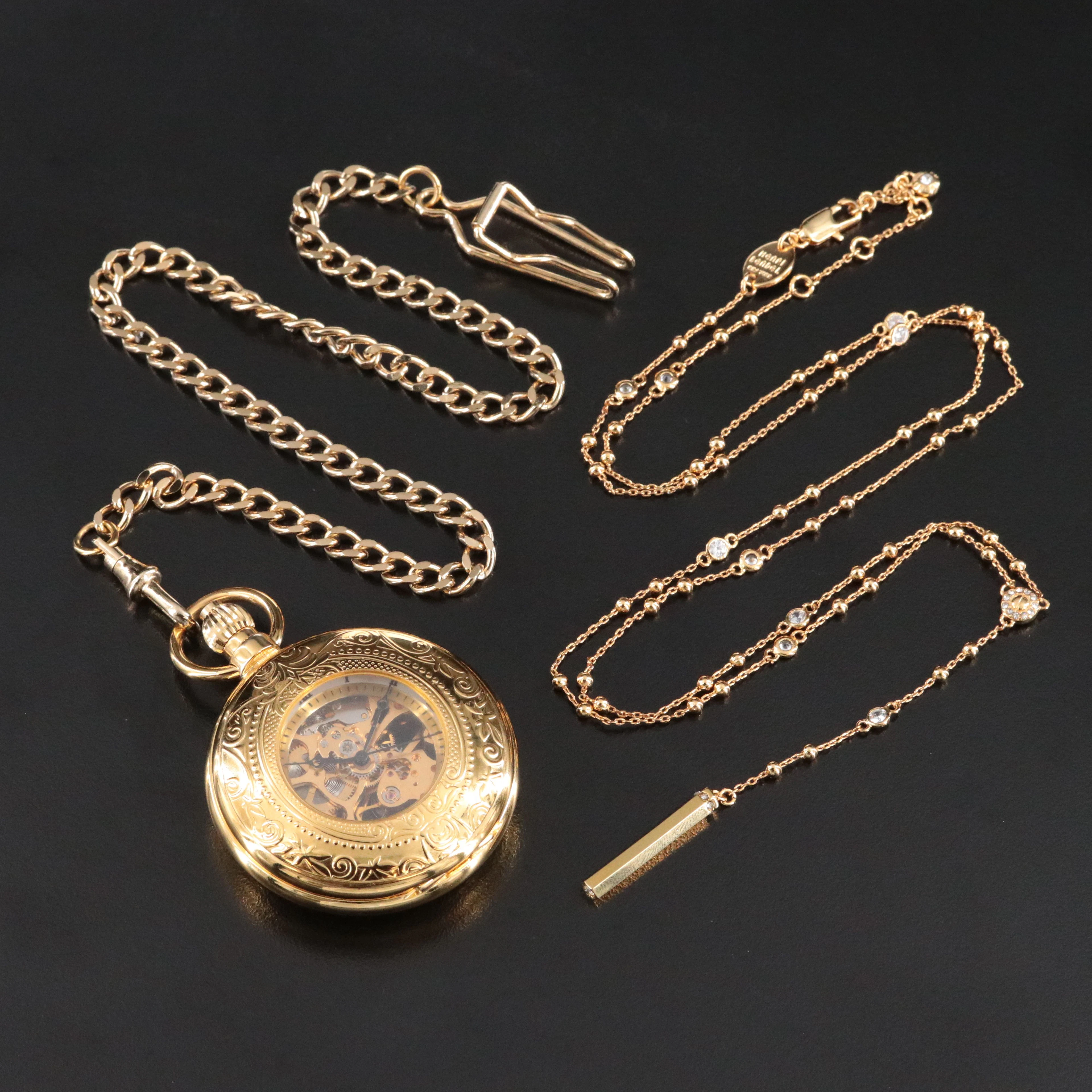 Majesti Gold Tone Skeleton Stem Wind Pocket Watch, Fob and Henri Bendel