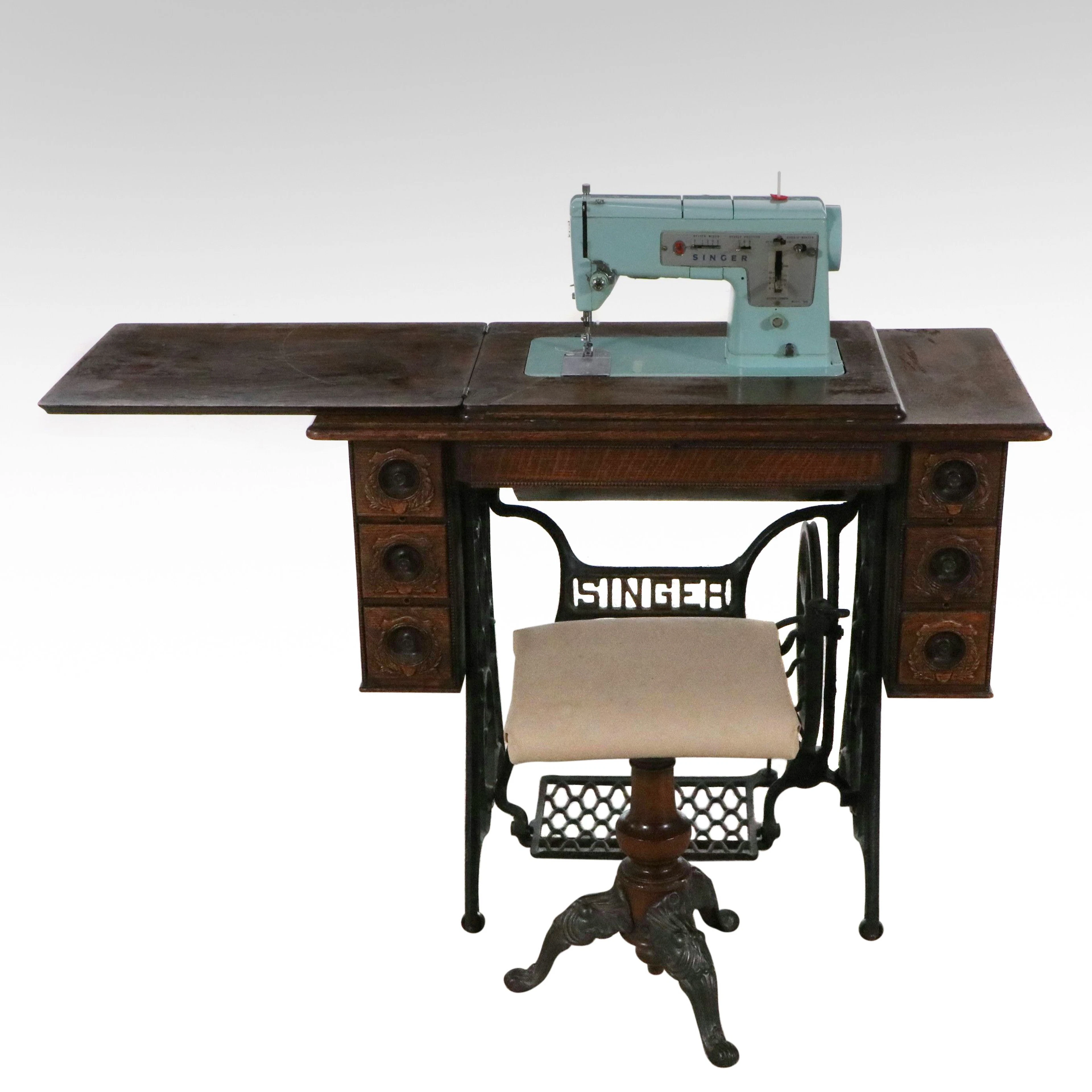 Singer Model 348 Sewing Machine in Cabinet with Stool, Mid-20th Century