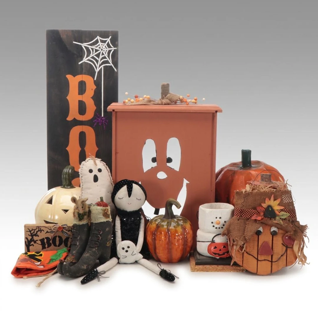 Handcrafted Linen Witch Shoes with Ghost Figure, Pumpkins and More Décor