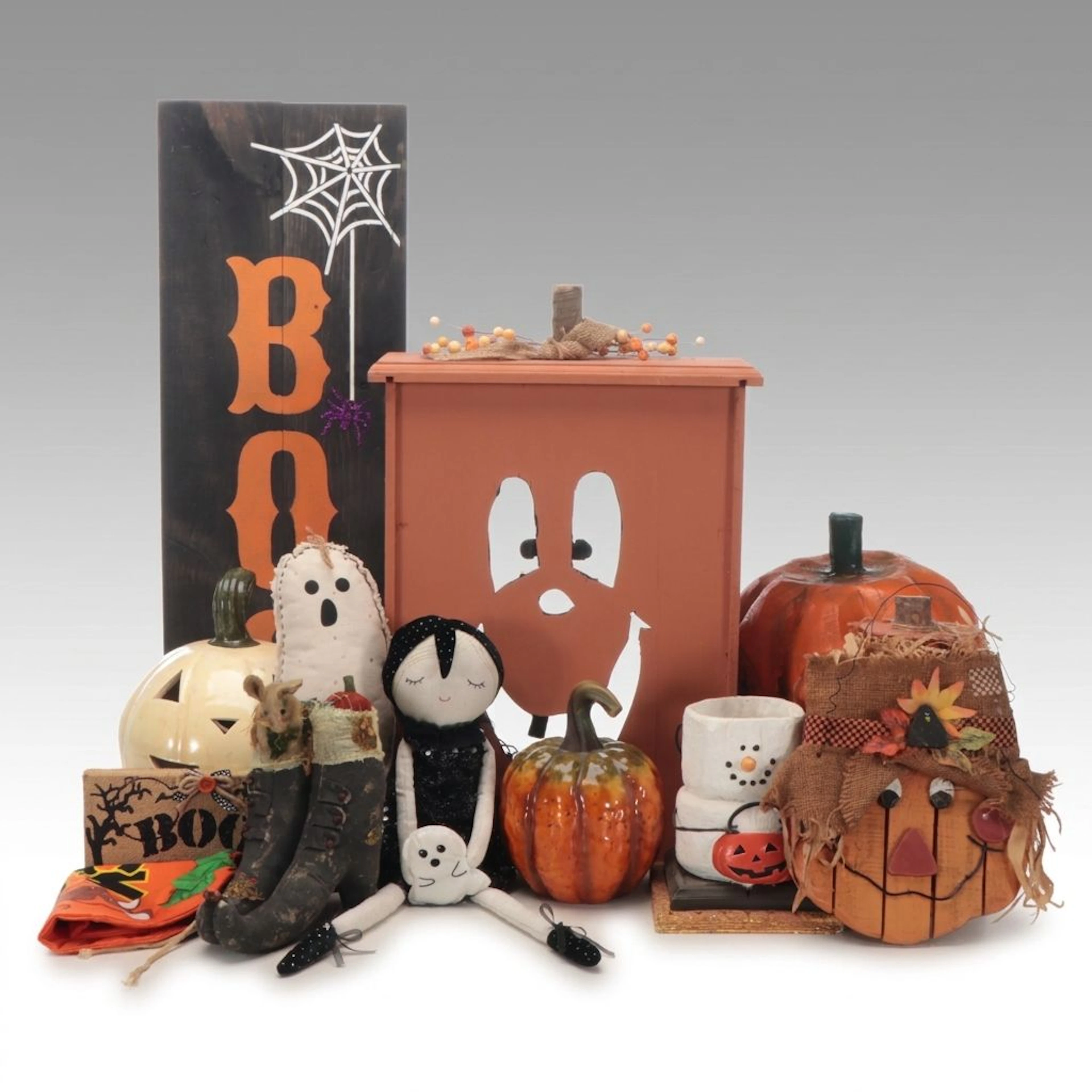 Handcrafted Linen Witch Shoes with Ghost Figure, Pumpkins and More Décor