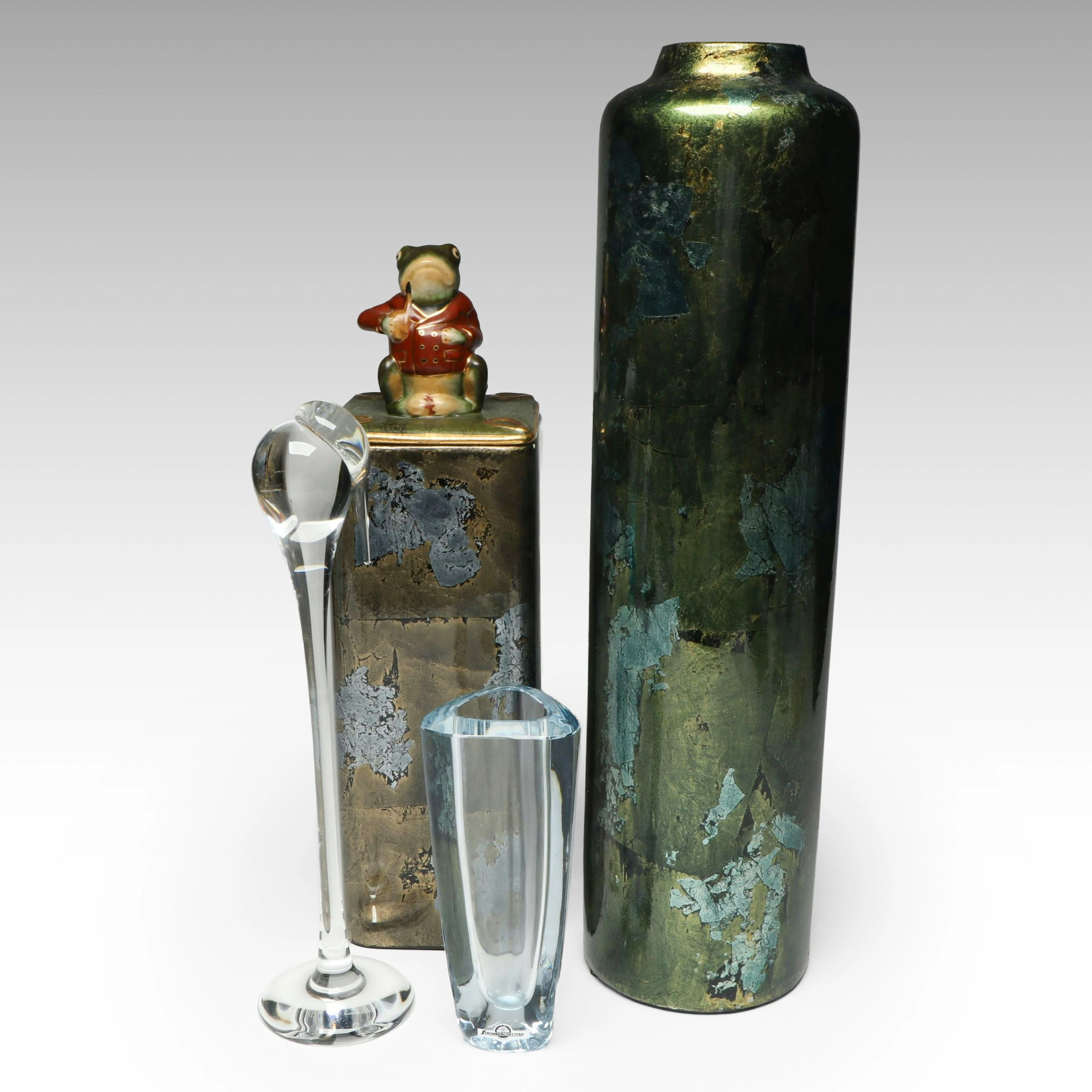 Strömbergshyttan Swedish Crystal Vase with Foiled Ceramic Vases and Figurine