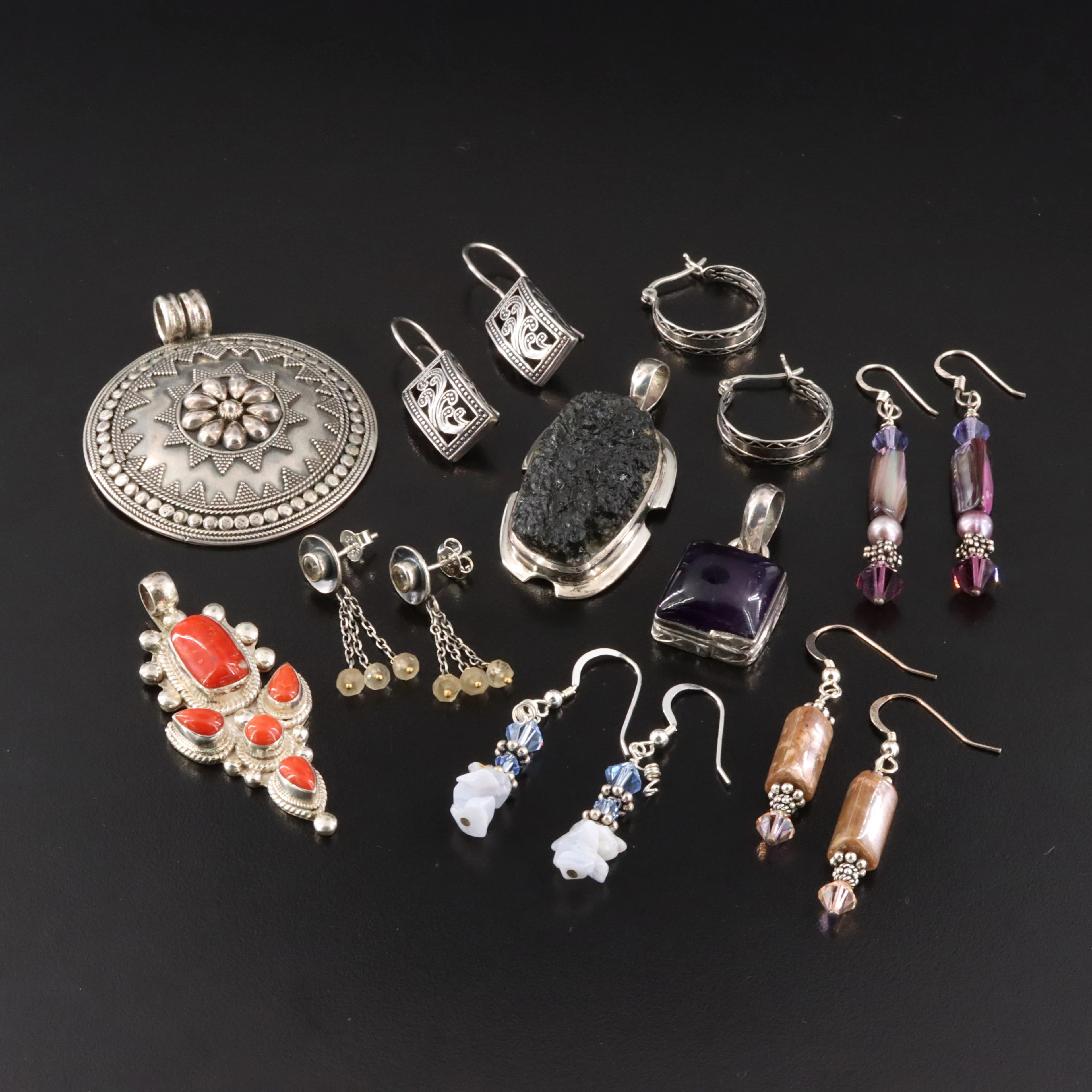 Sterling Pendants & Earrings Collection Including Coral, Moldavite and Amethyst