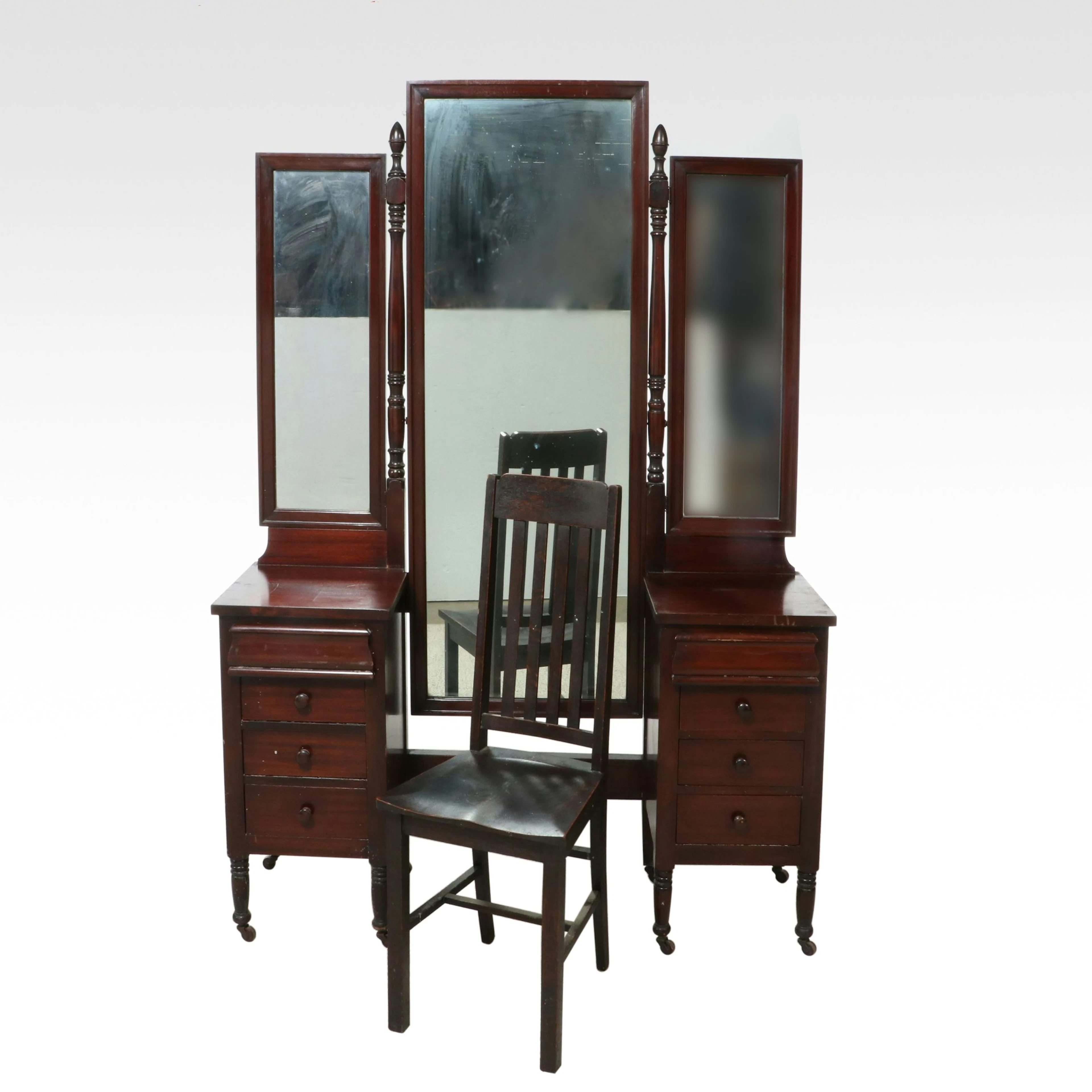 Edwardian Mahogany Tri-Hold Vanity Table with Chair