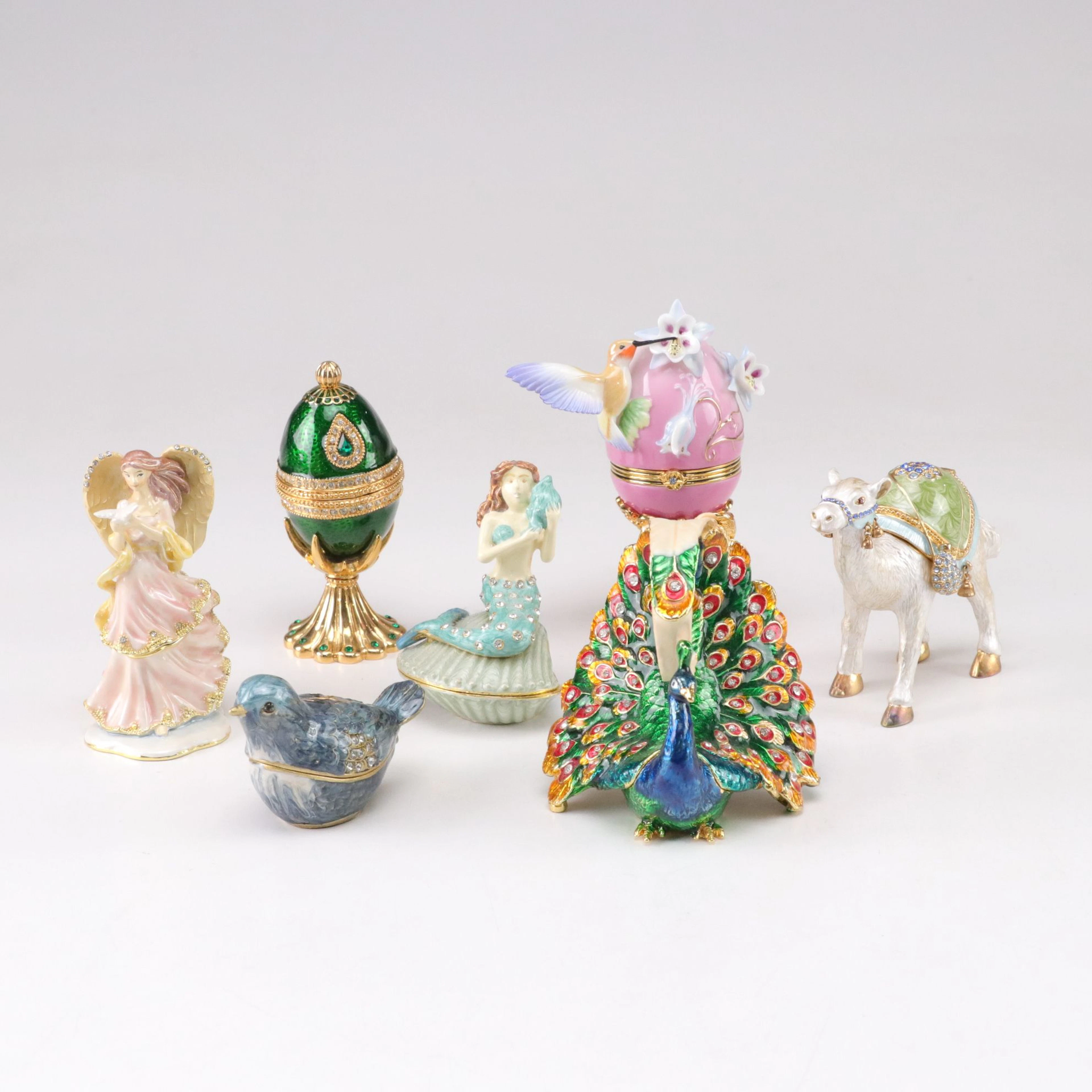 Fabergé Franklin Mint Hummingbird Egg Trinket Box & More Enameled Figural Boxes