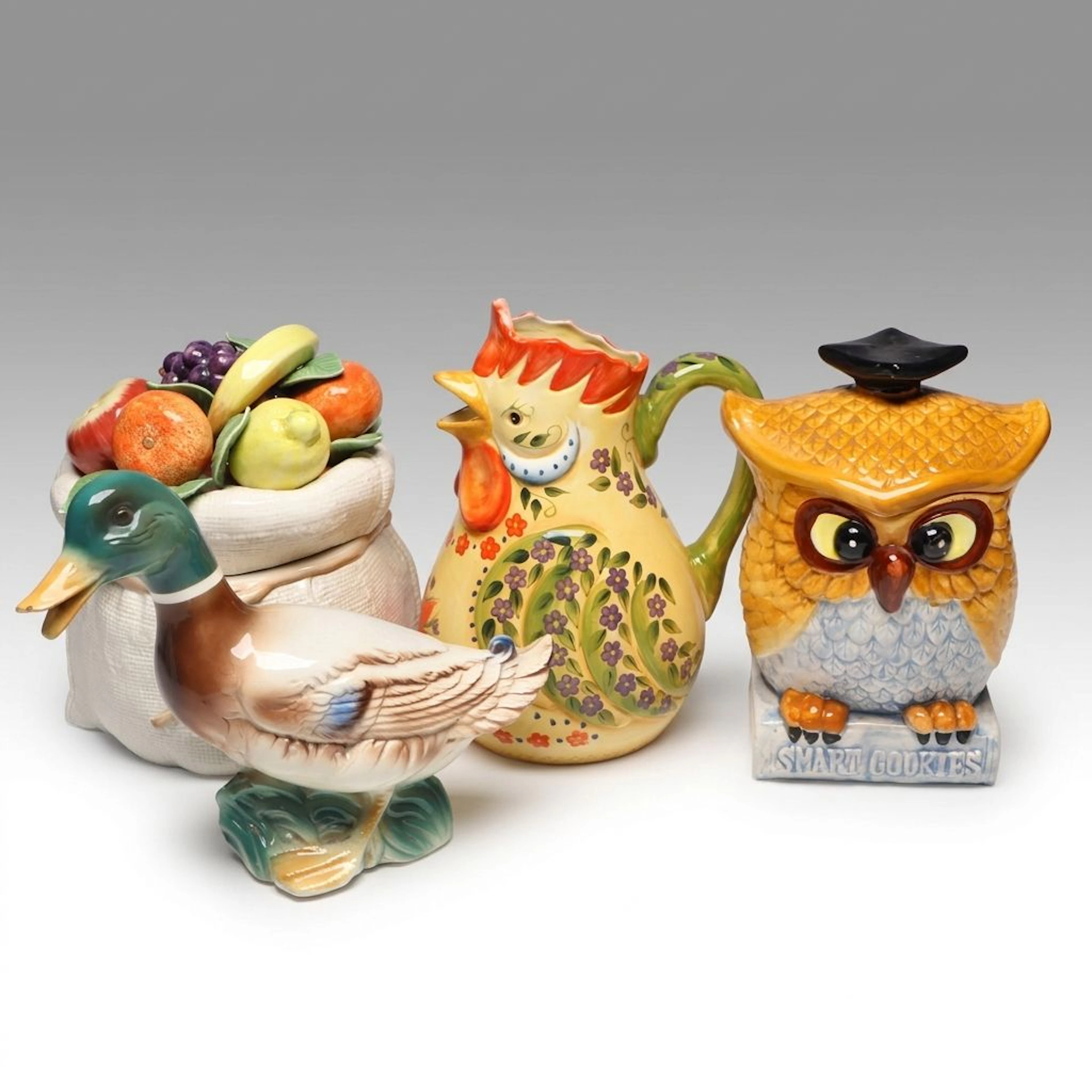 Vintage "Smart Cookies" Owl and Fruit Sack Cookie Jars with More