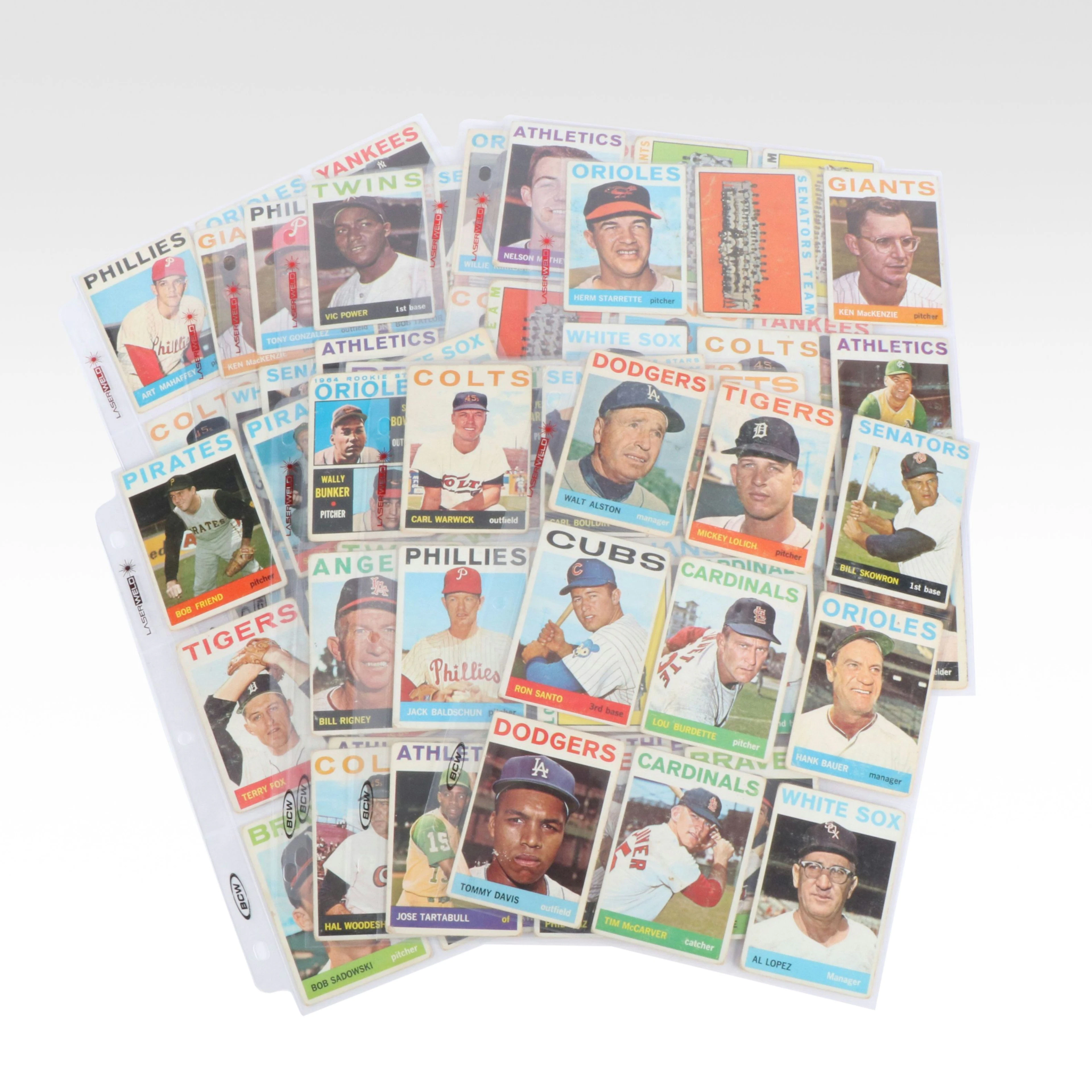 1964 Topps Baseball Cards with Ron Santo, Hank Bauer, and Tim McCarver