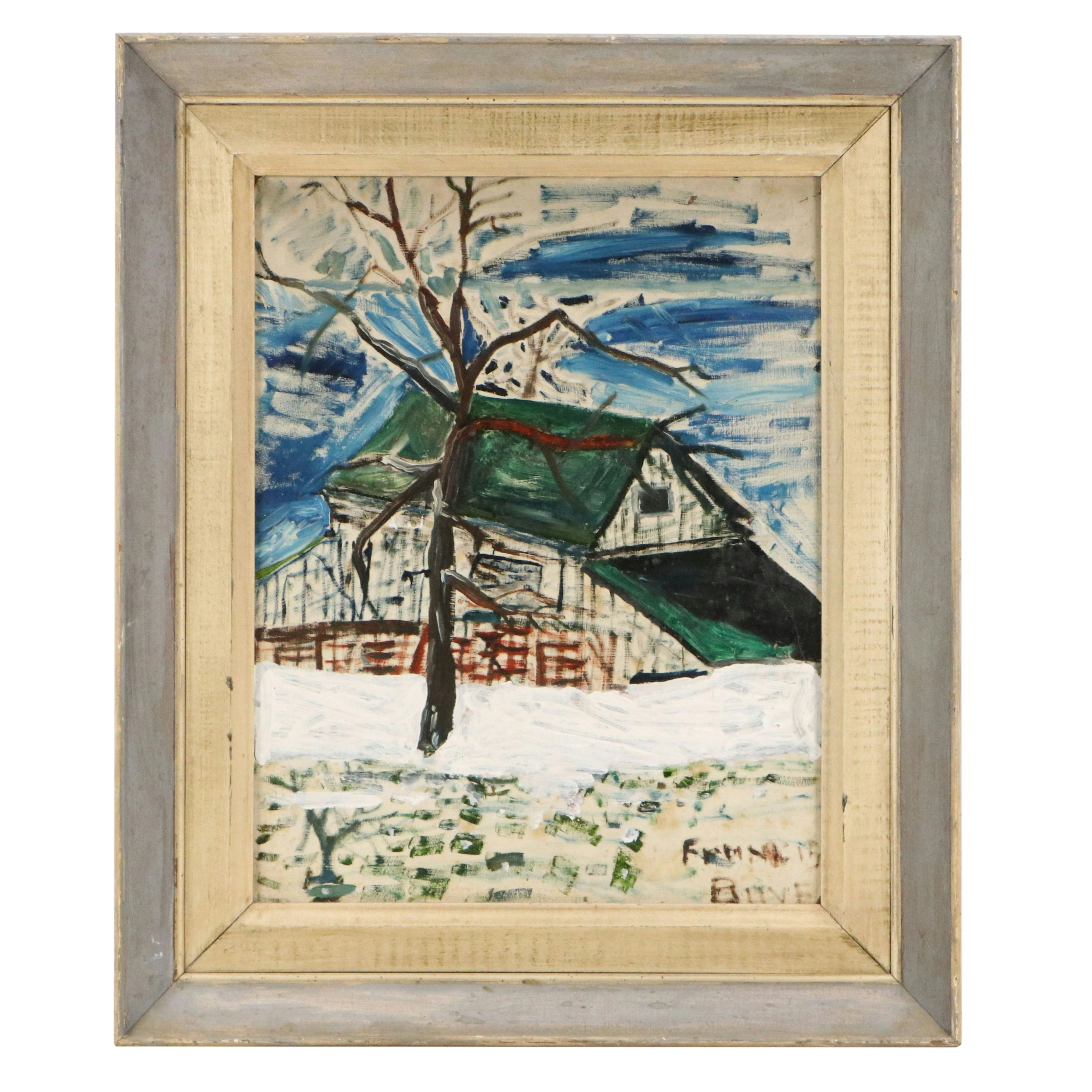 Folk Art Oil Painting of a Winter Landscape, Late 20th to 21st Century
