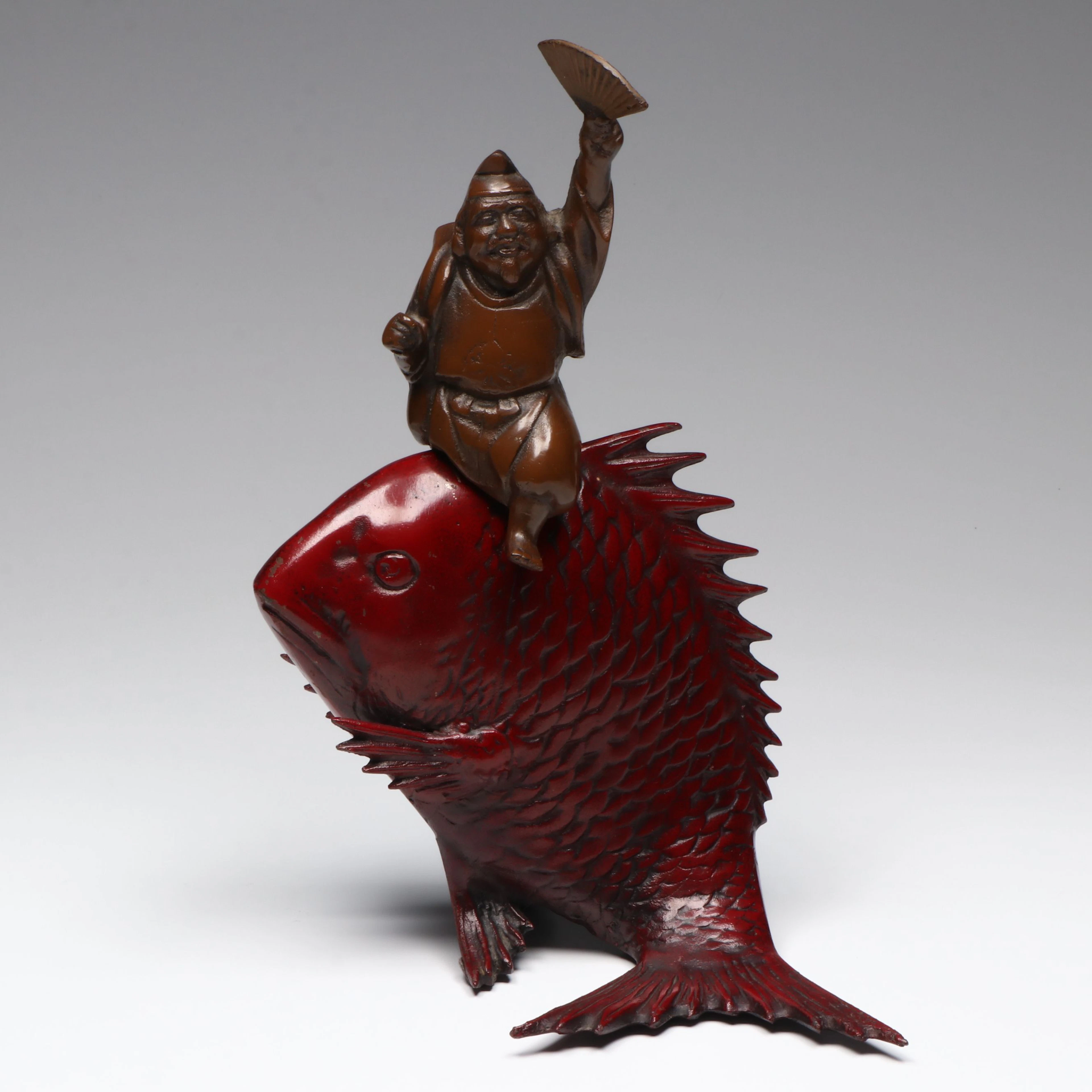 Japanese Ebisu Riding Tai Cast Metal Okimono Sculpture