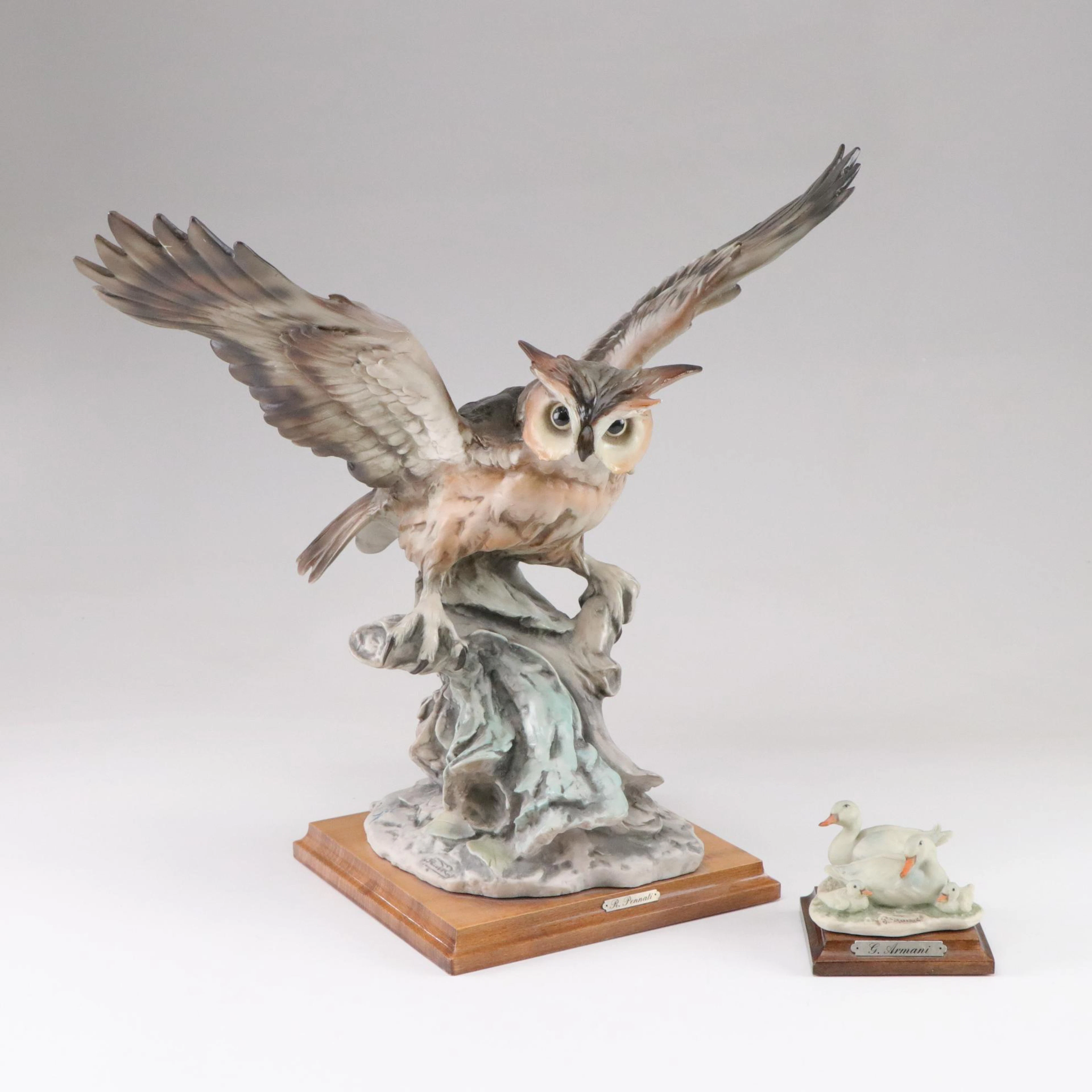 Capodimonte Matte Bisque Figurines of Owl in Flight and White Duck Family