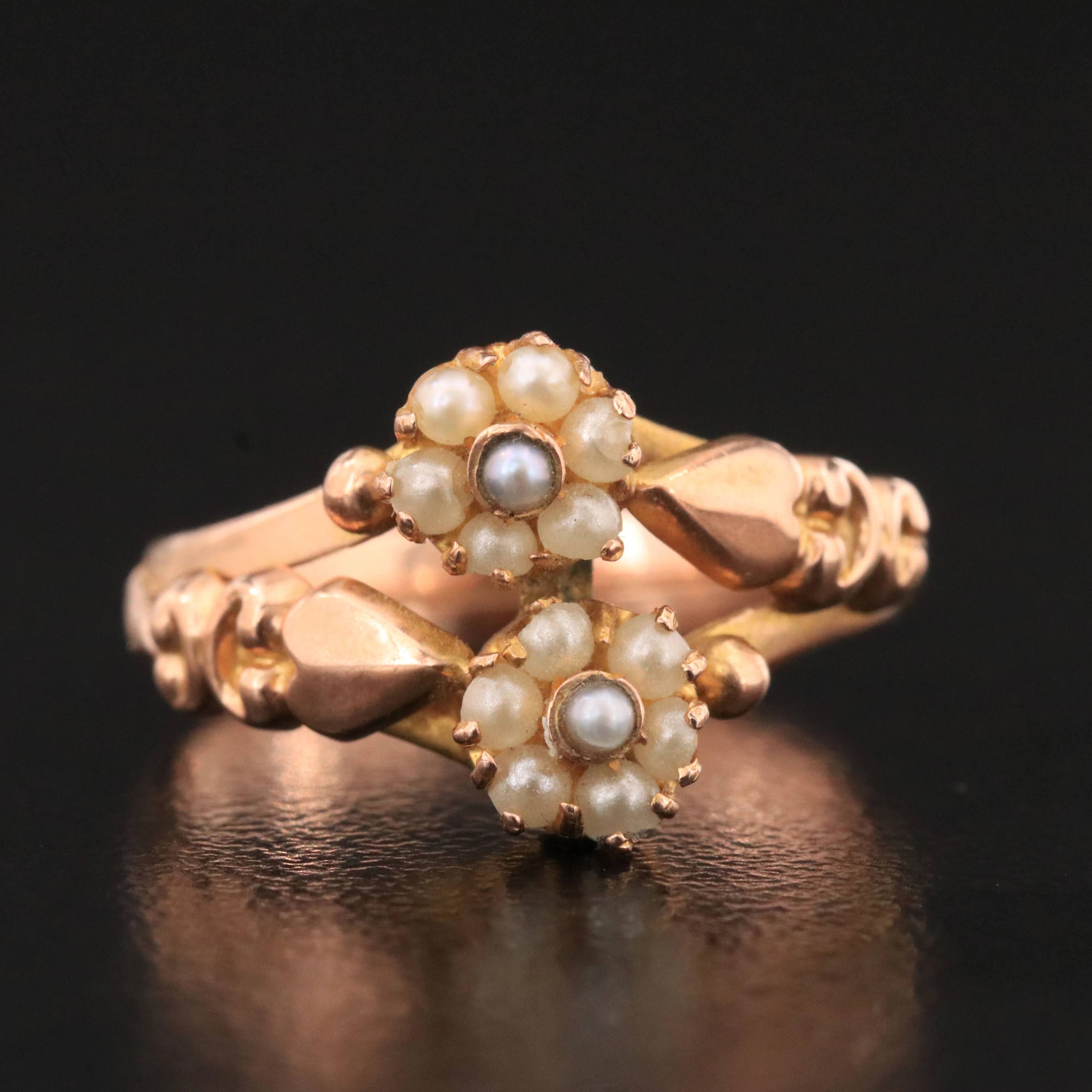 10K Rose Gold Pearl Twin Flower Motif Ring