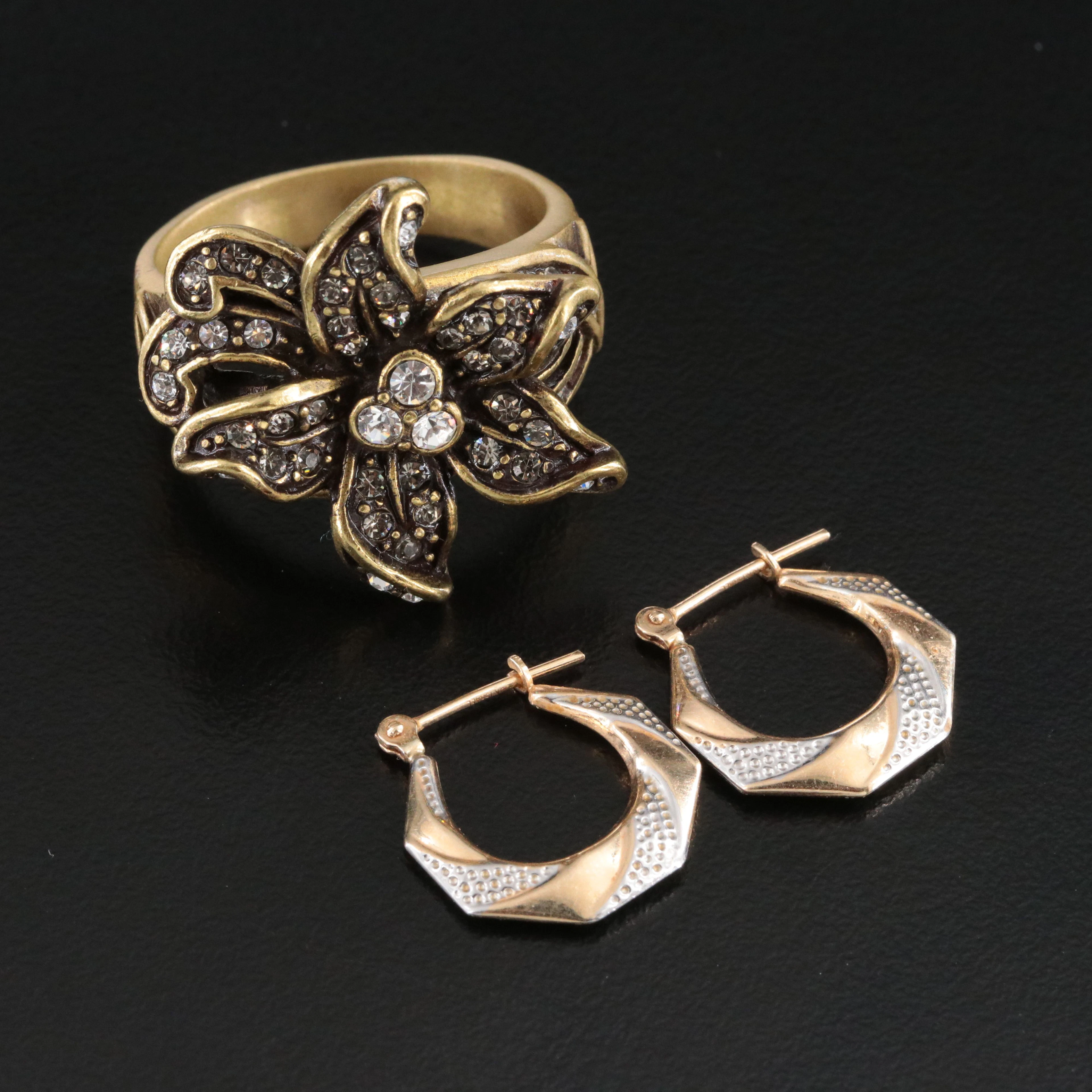 10K Hoop Earrings and Heidi Daus Rhinestone Flower Ring
