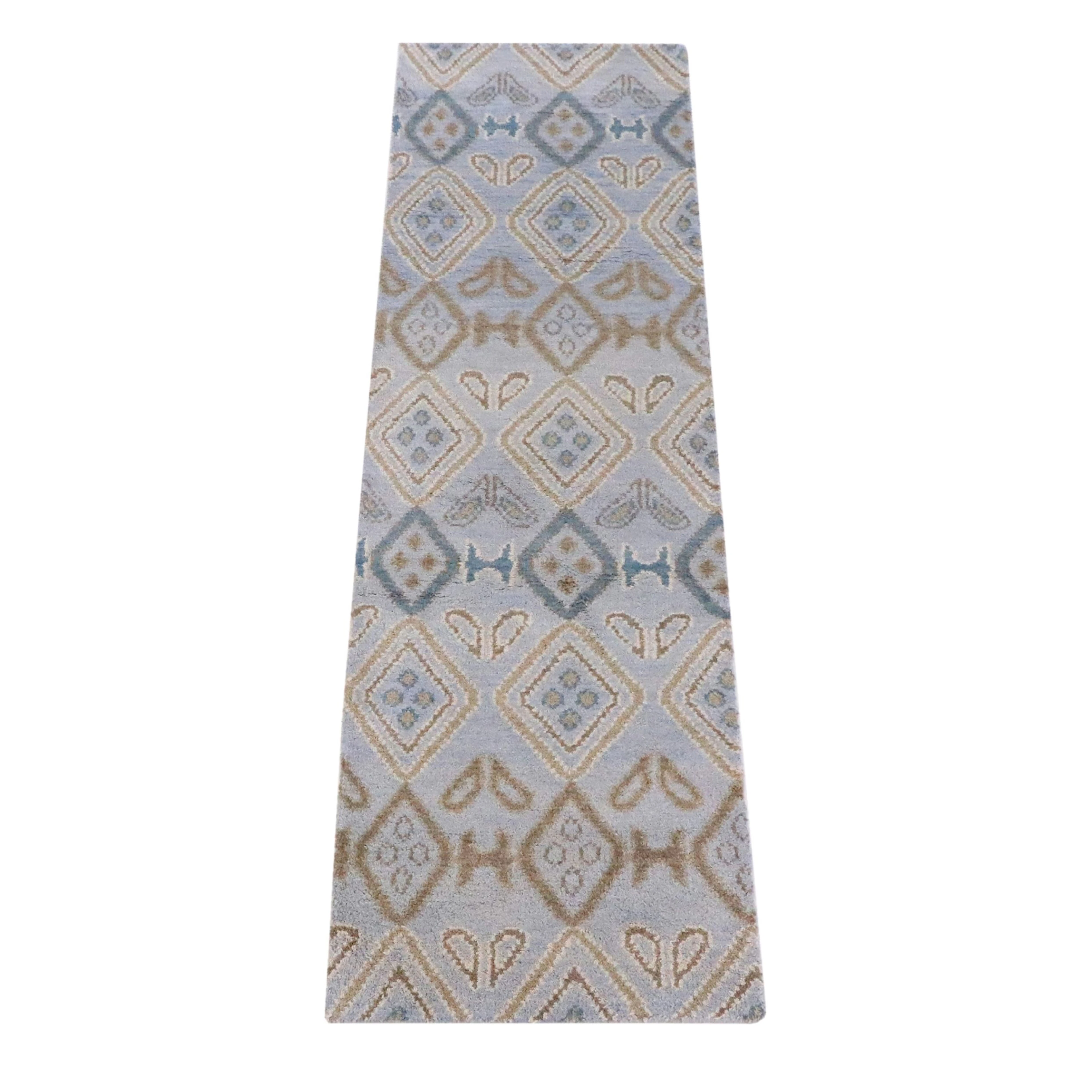 2'7 x 9'5 Hand-Knotted Indian Contemporary Diamond Theme Carpet Runner