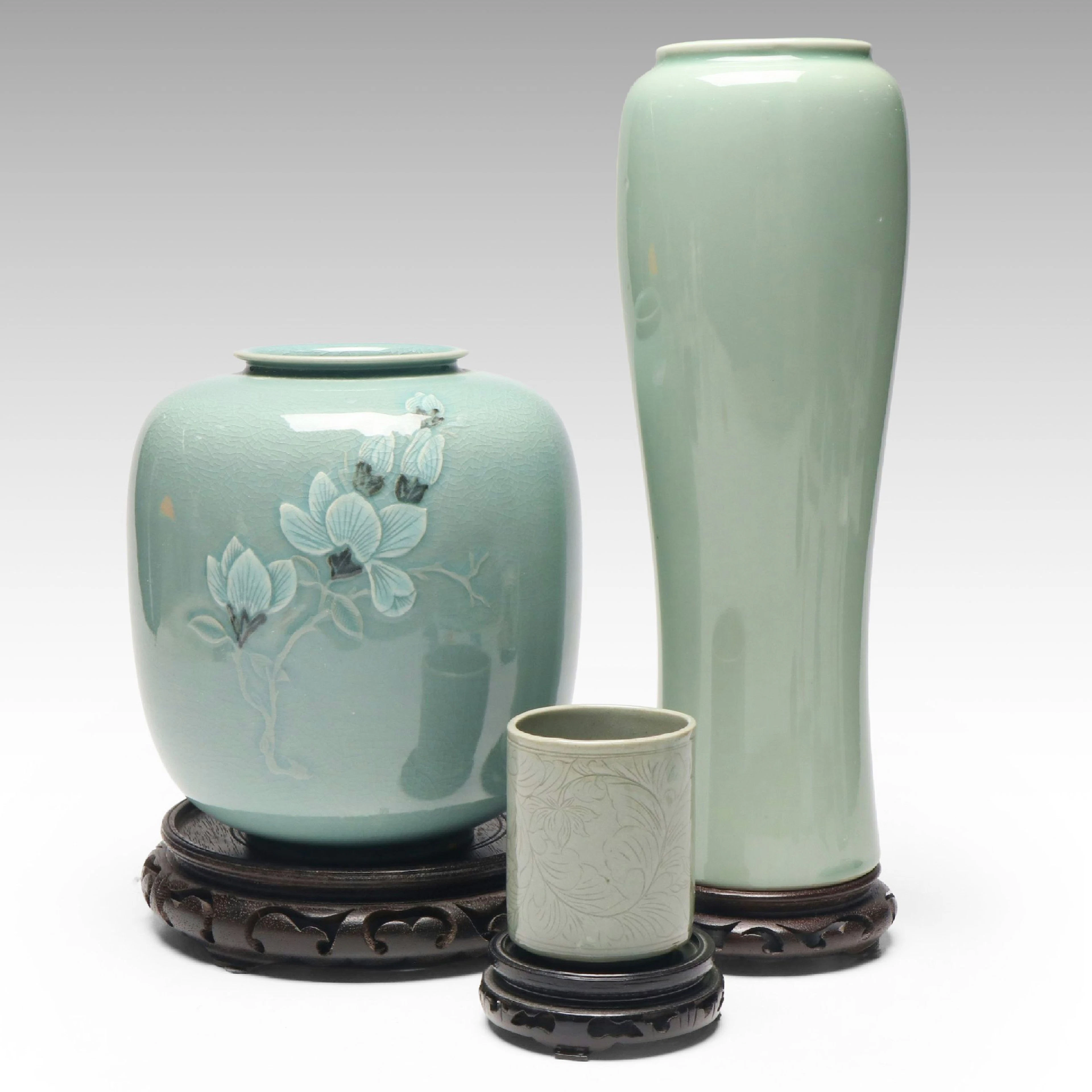 Signed Korean Celadon Vases and Cup with Carved Wood Stands
