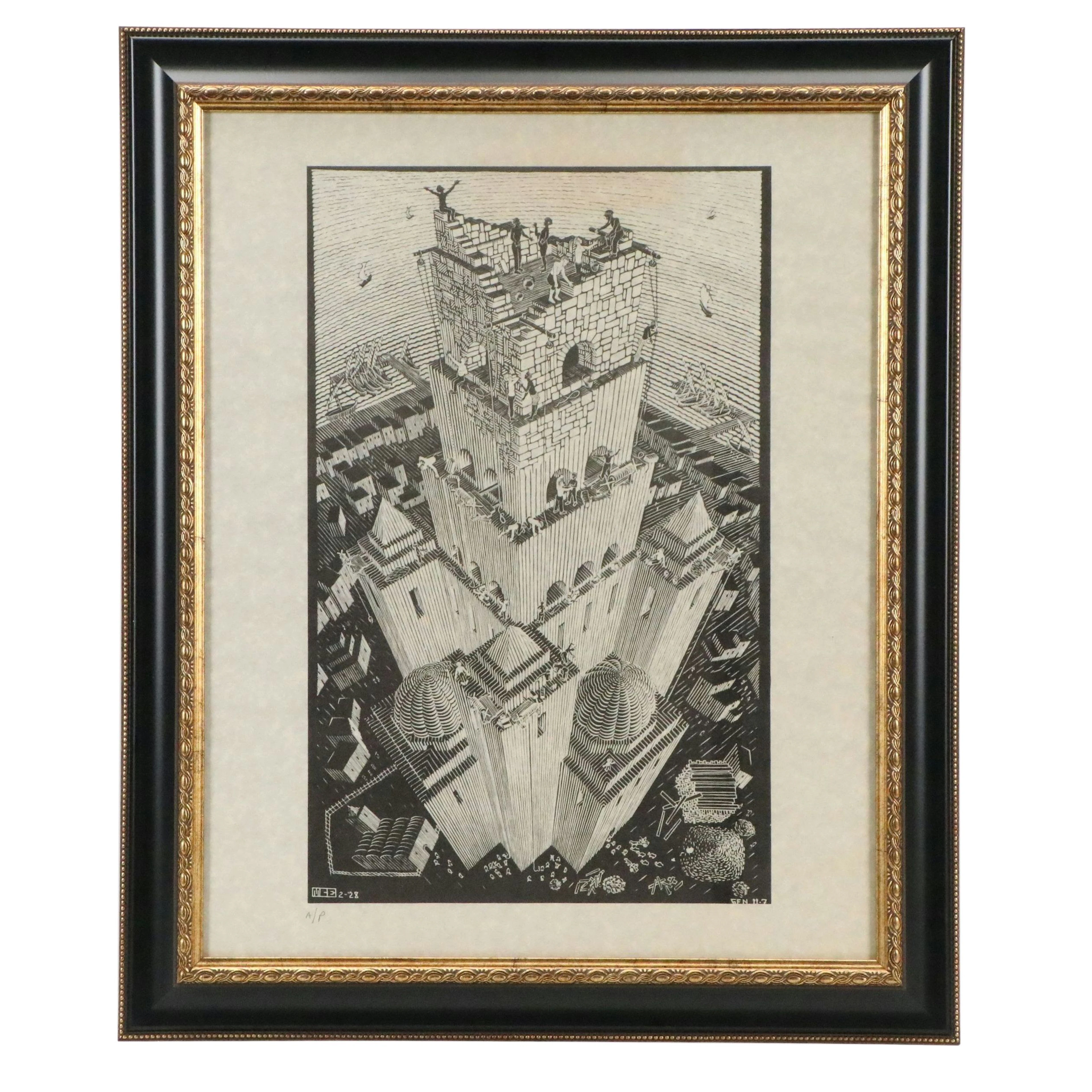 After M. C. Escher Offset Lithograph "Tower of Babel"