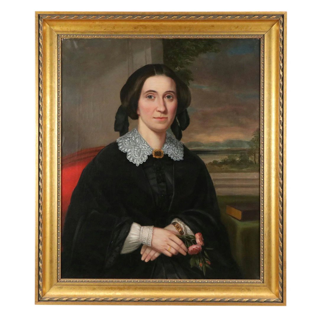 European School Oil Portrait of Woman with Hair Jewelry, Mid-19th Century