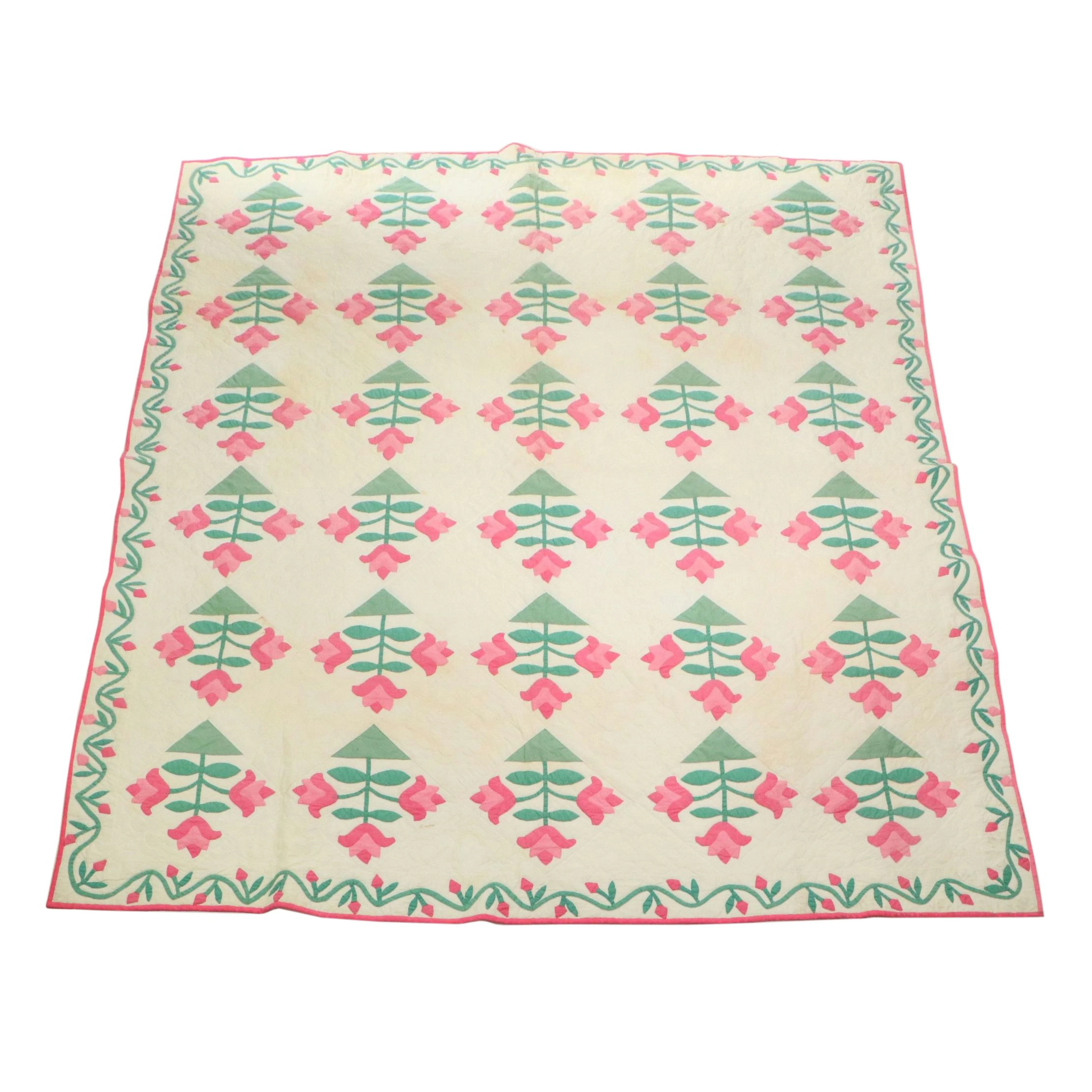 Hand-Stitched Tulip Appliqué Cotton Quilt
