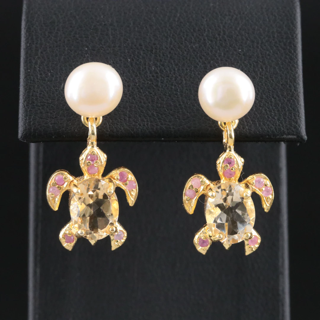Sterling Sea Turtle Earrings Featuring Pearl, Citrine and Ruby