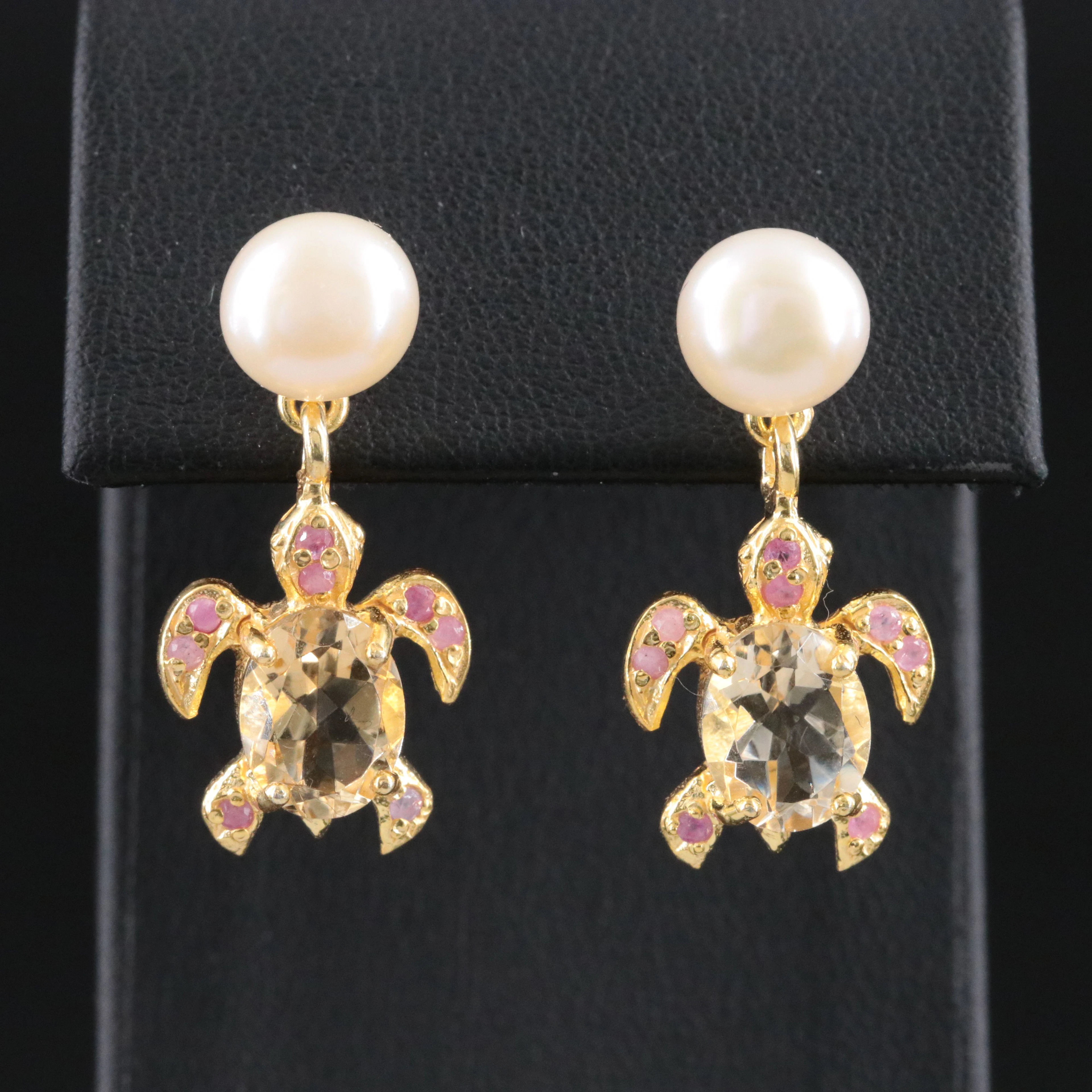 Sterling Sea Turtle Earrings Featuring Pearl, Citrine and Ruby