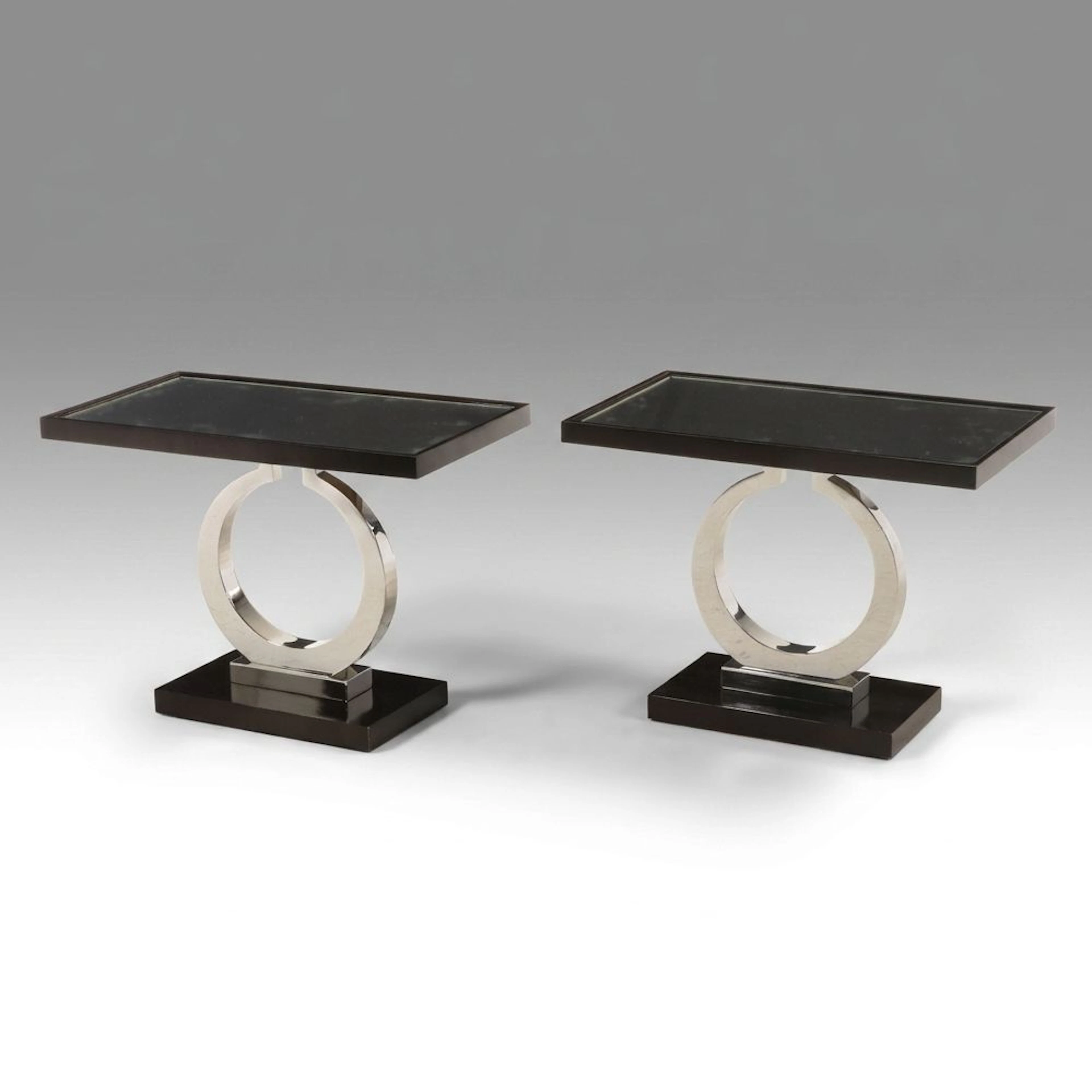 Pair of Century Furniture Modern Glam Ebonized Wood and Chrome Ring End Tables