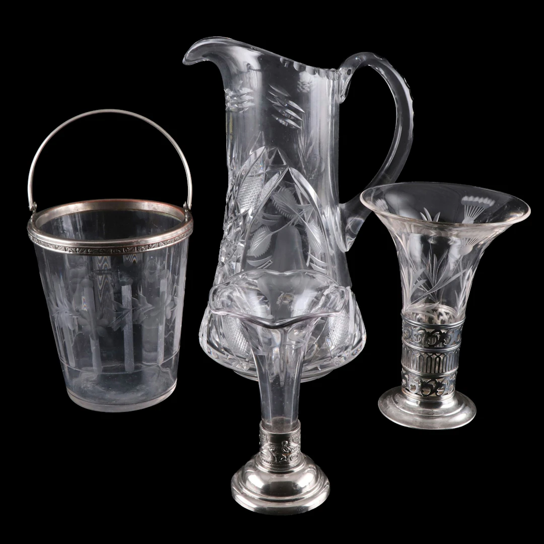 Watson Sterling Stem Vase with Cut Glass Pitcher and More Glassware