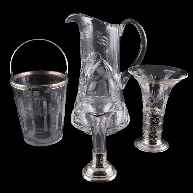 Watson Sterling Stem Vase with Cut Glass Pitcher and More Glassware