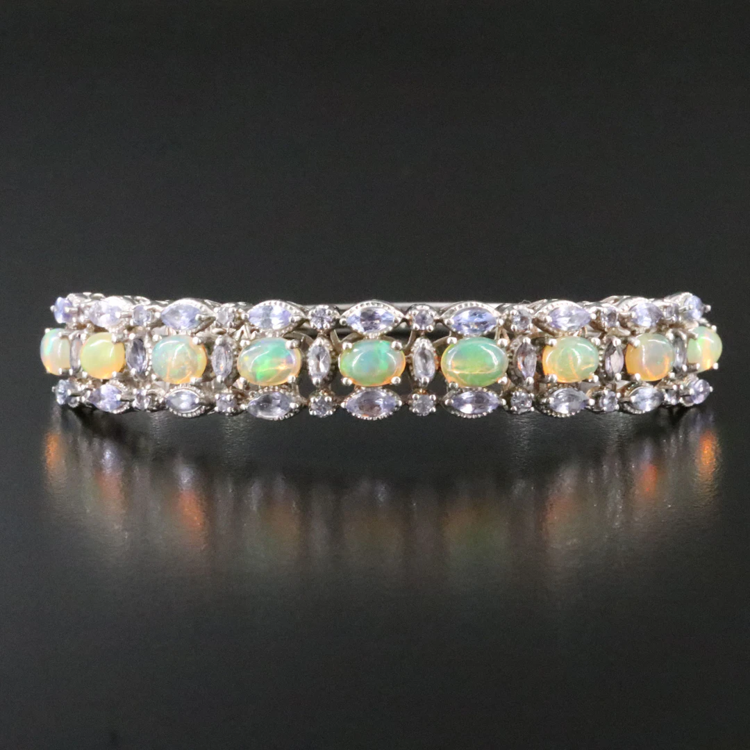 Sterling Opal and Tanzanite Hinged Bangle Bracelet