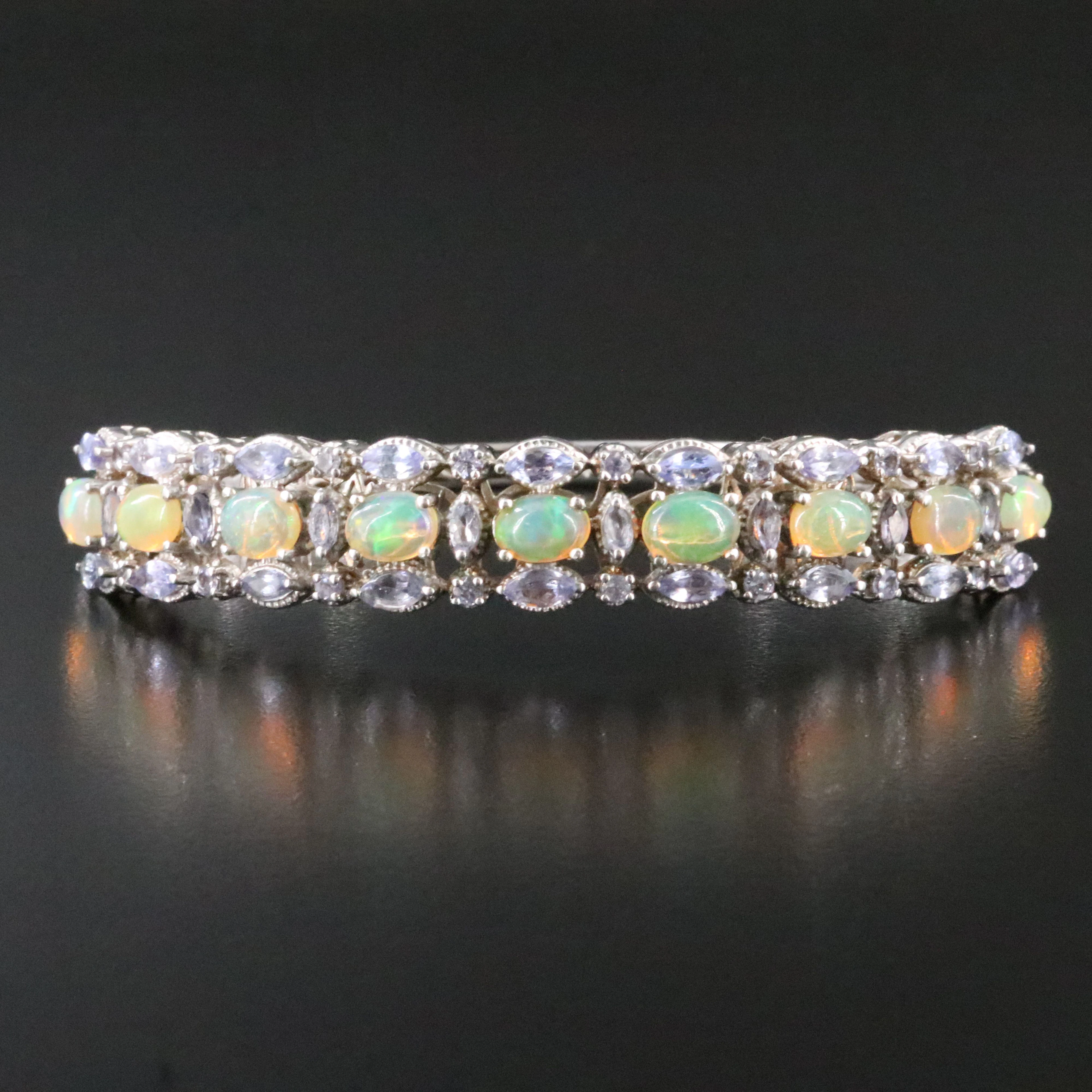 Sterling Opal and Tanzanite Hinged Bangle Bracelet