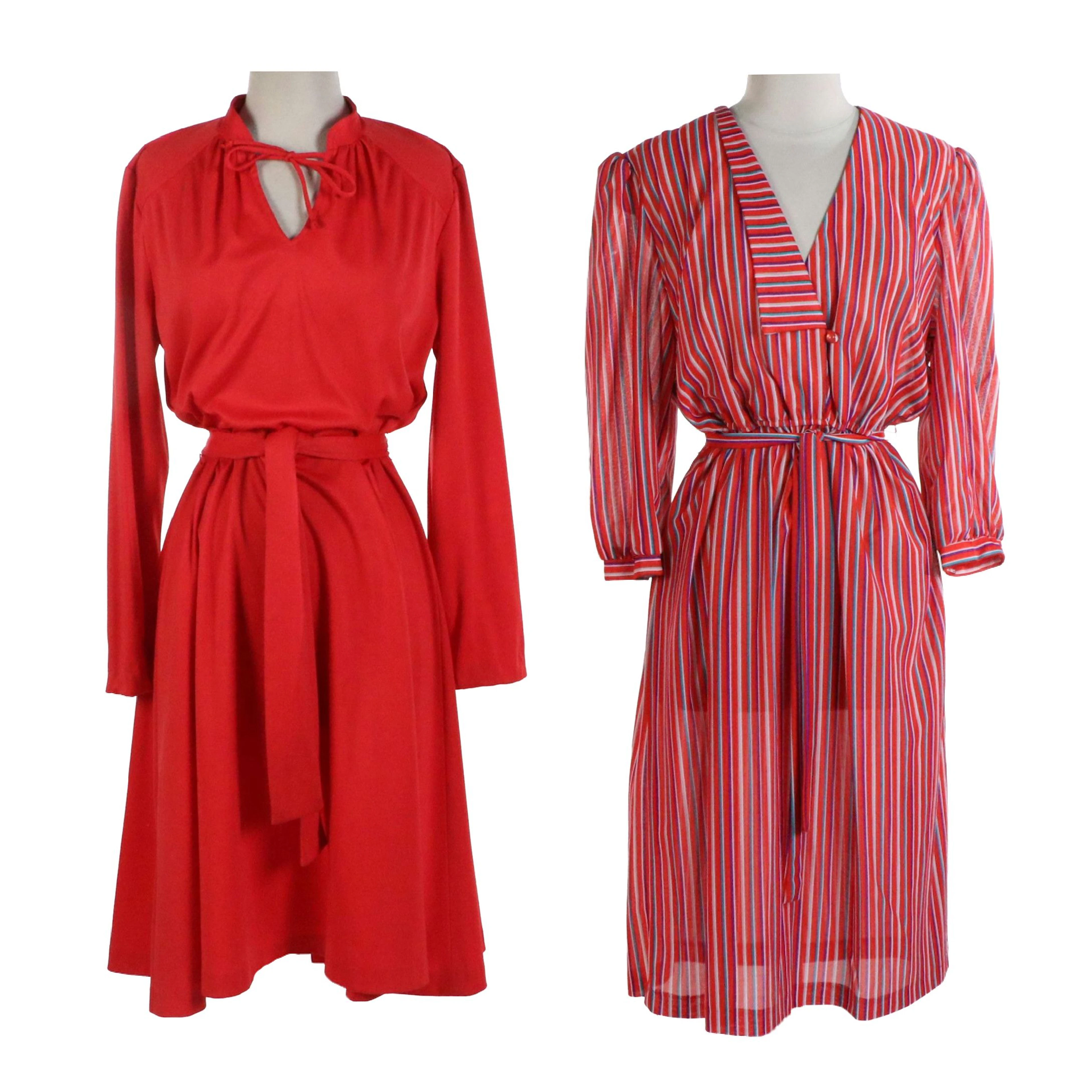 Vintage Long Sleeve Red Flare Dress and Striped Rayon Belted Dress