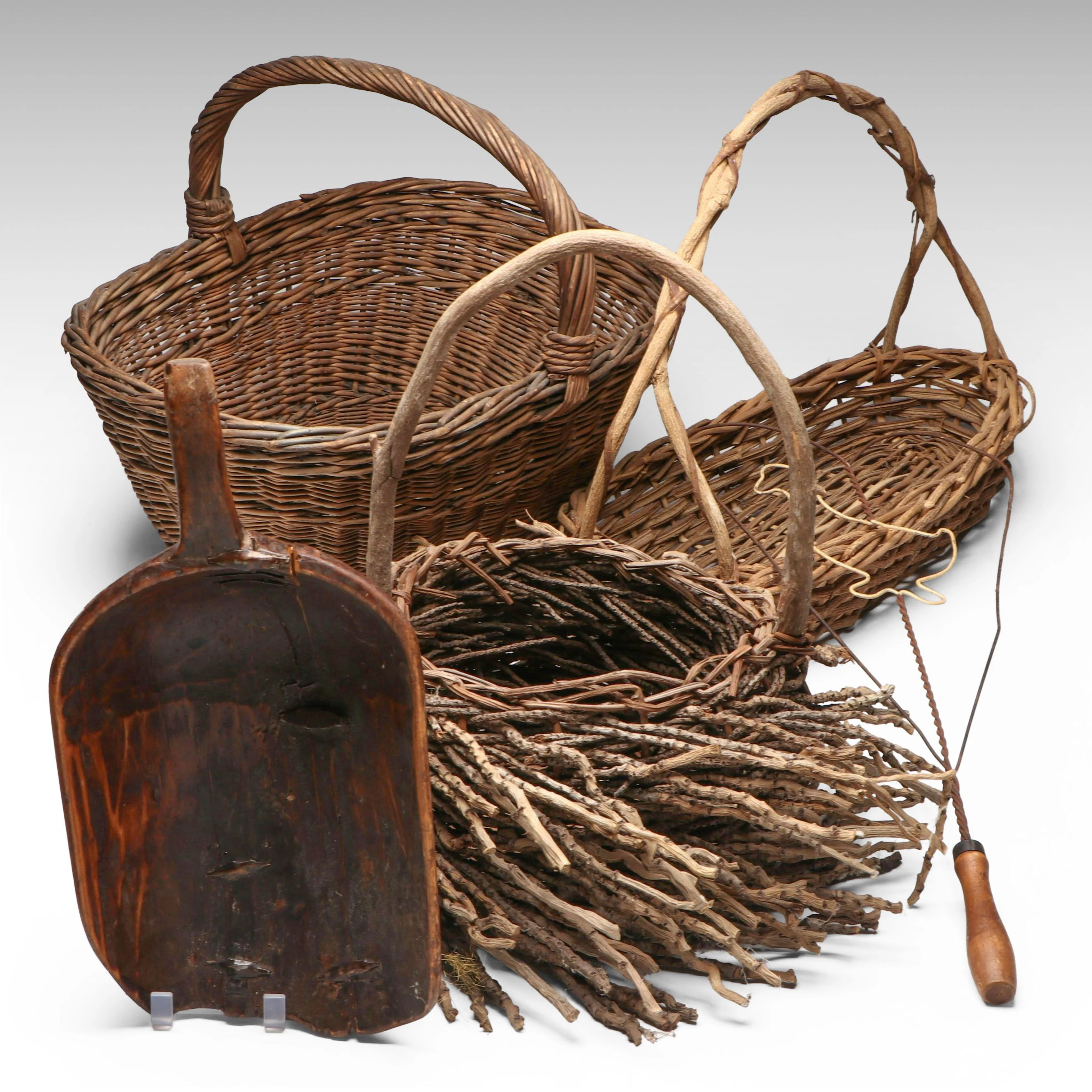 Handcrafted Wood Scoop and Baskets with Wire Rug Beater