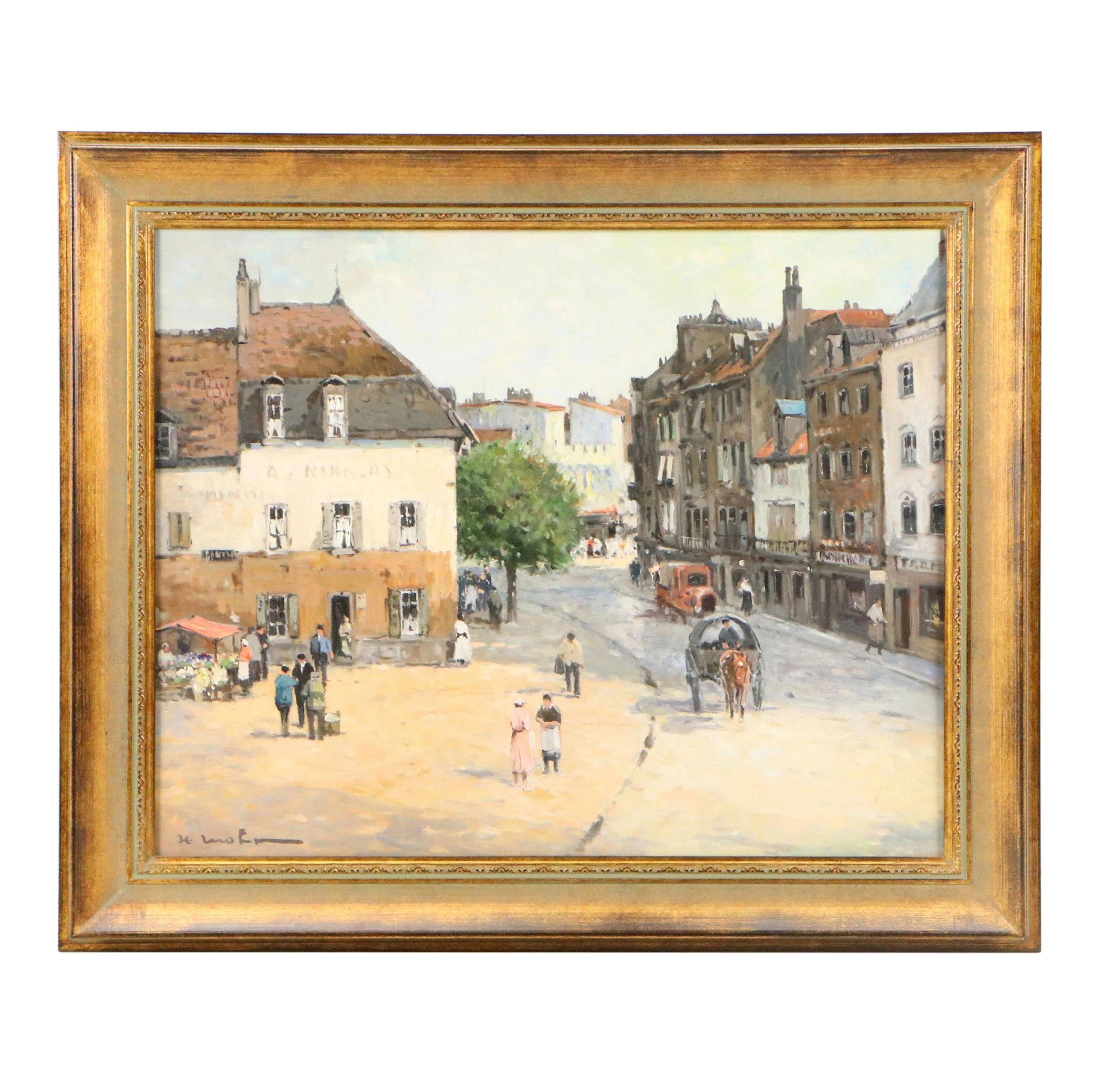 Karl Mohr European Townscape Oil Painting of Villagers
