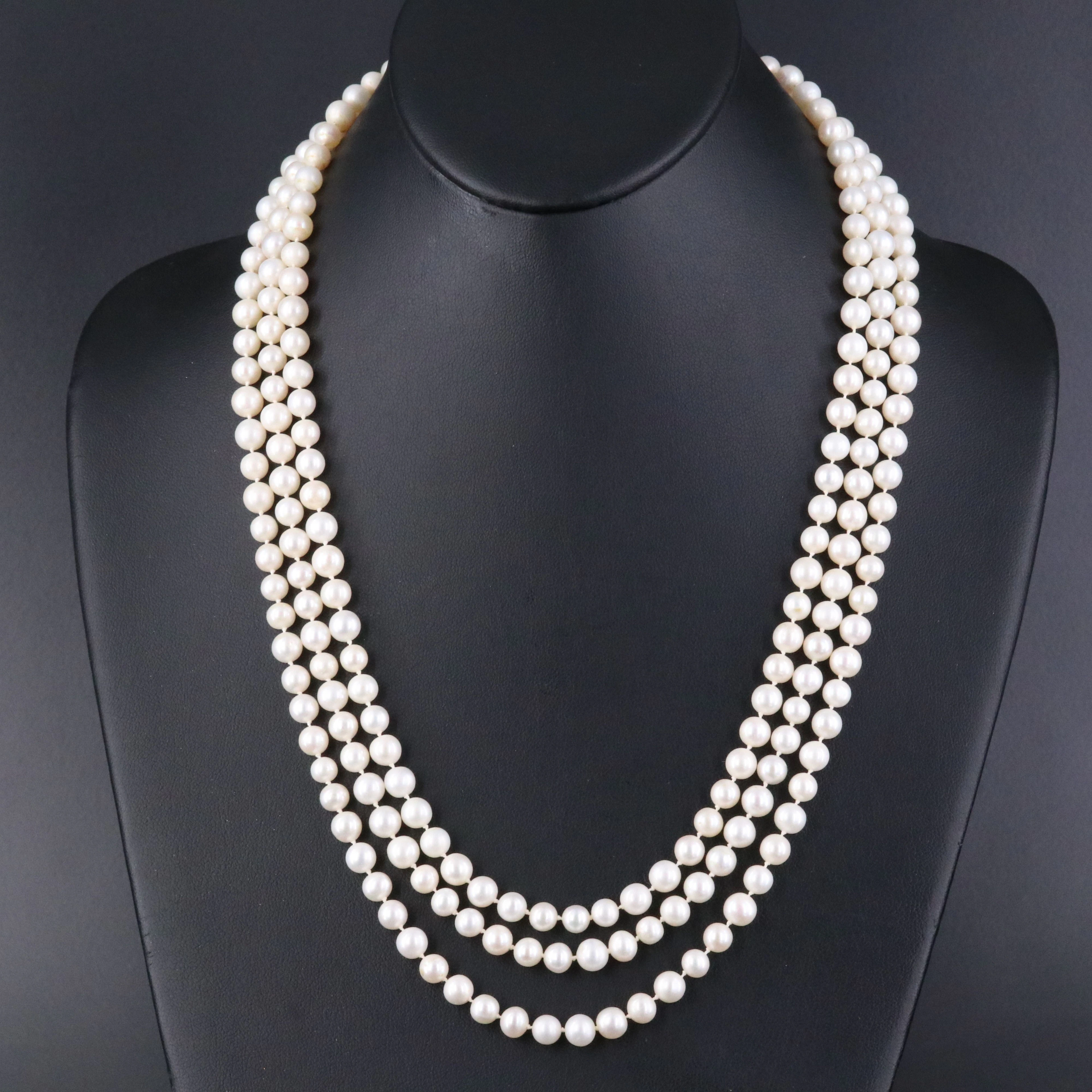 Matinee Length Tiered Pearl Necklace with 14K Clasp