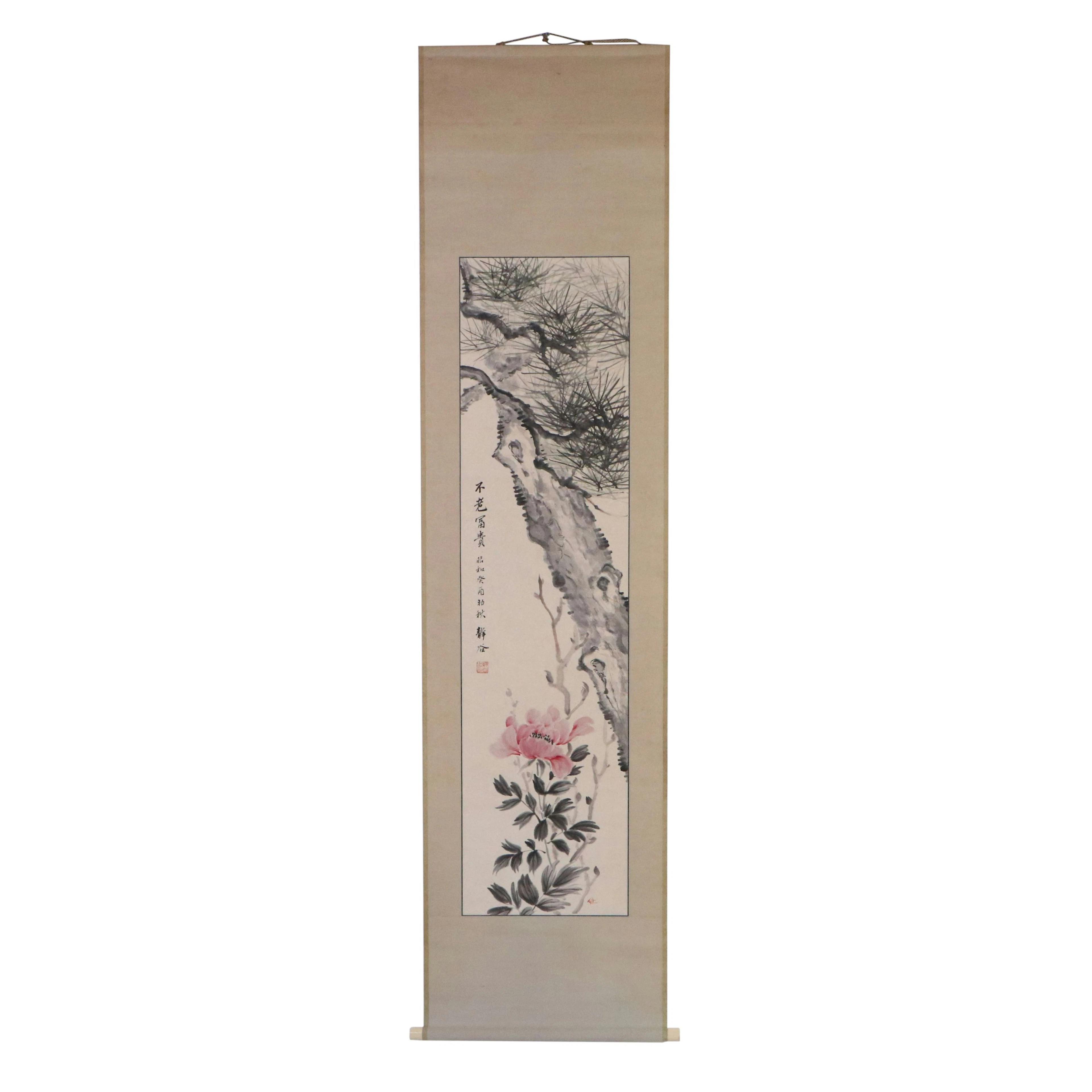 East Asian School Floral Gouache Painted Scroll