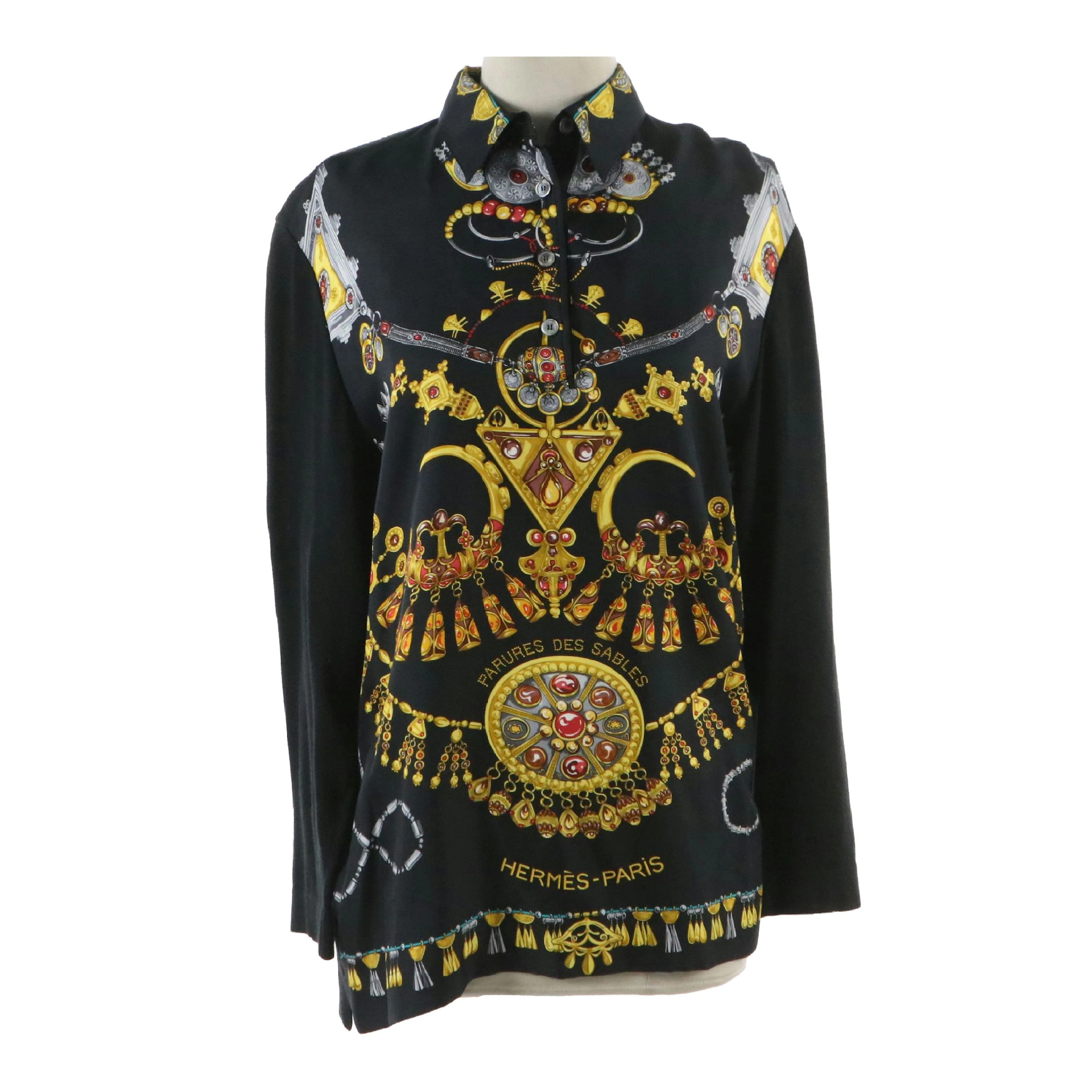 Hermès Long Sleeve Top in "Parures des Sables" Silk Twill and Cotton Blend Knit