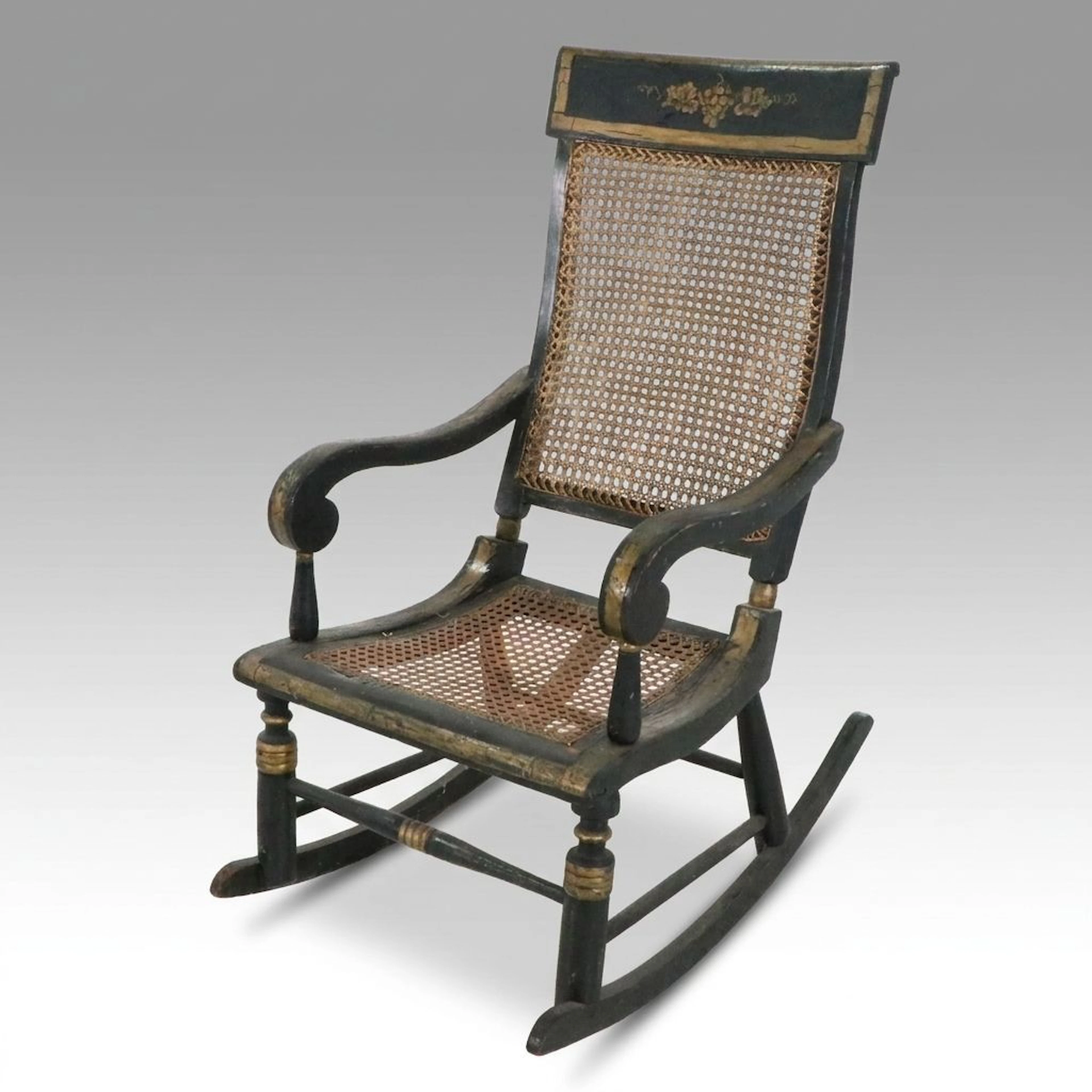 Antique Victorian Painted and Stenciled Rocking Chair with Caned Seat & Back