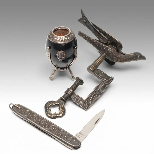 Victorian Sewing Bird Clamp with Footed Needle Cup and Folding Knife