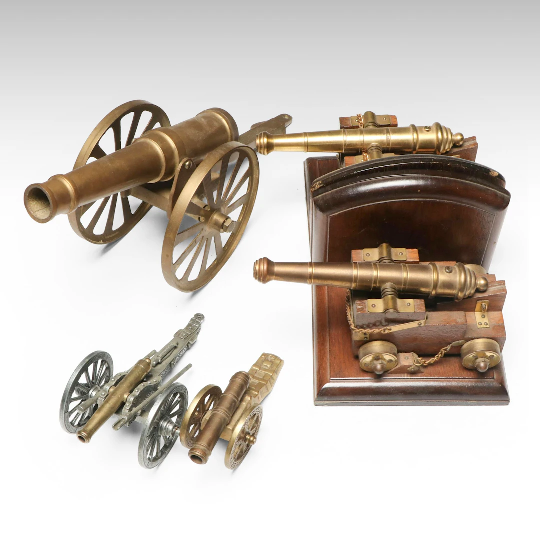 Brass and Wood Cannon Bookends with Other Cannon Miniatures