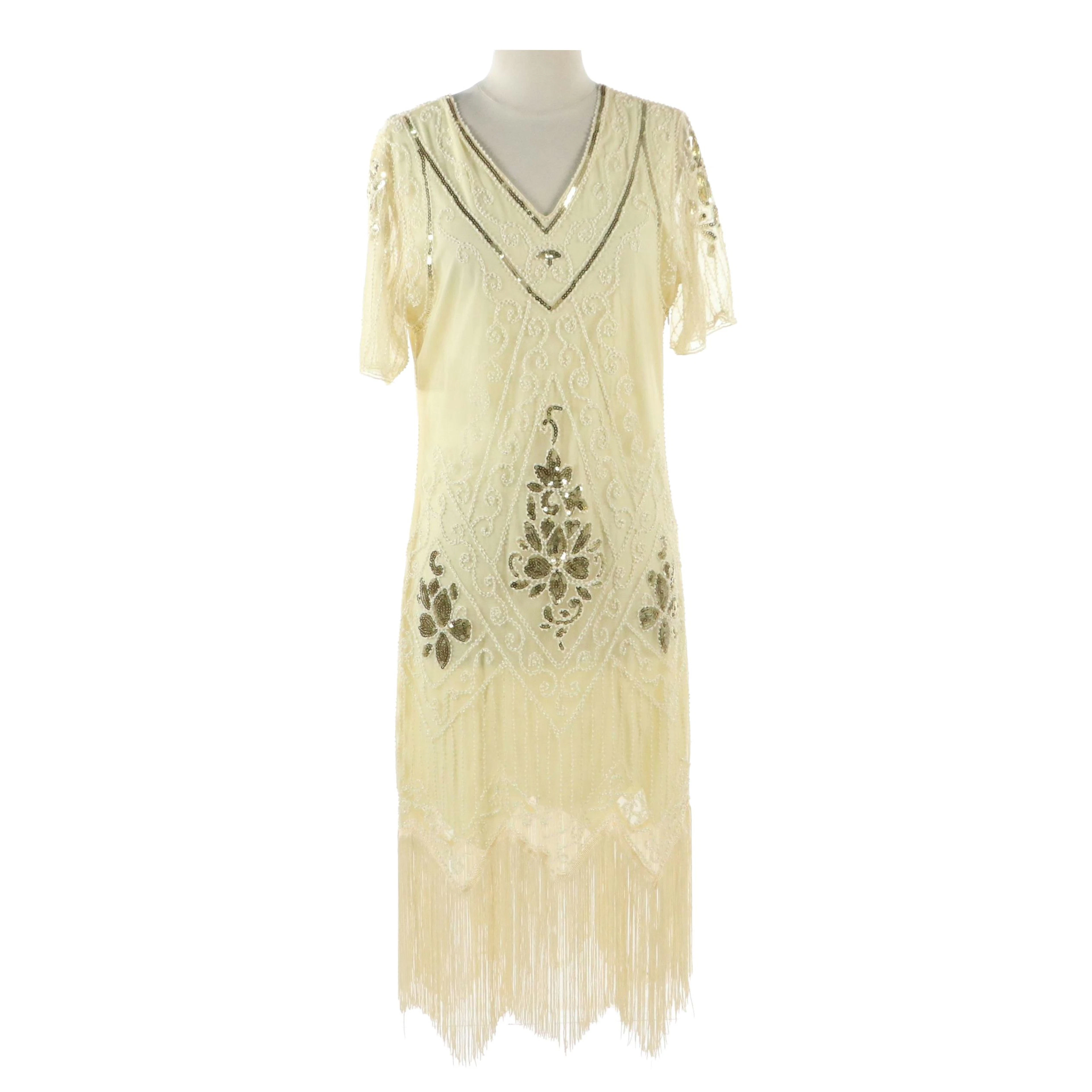Sweet V Ivory Bead and Sequin Embellished Flapper-Style Dress
