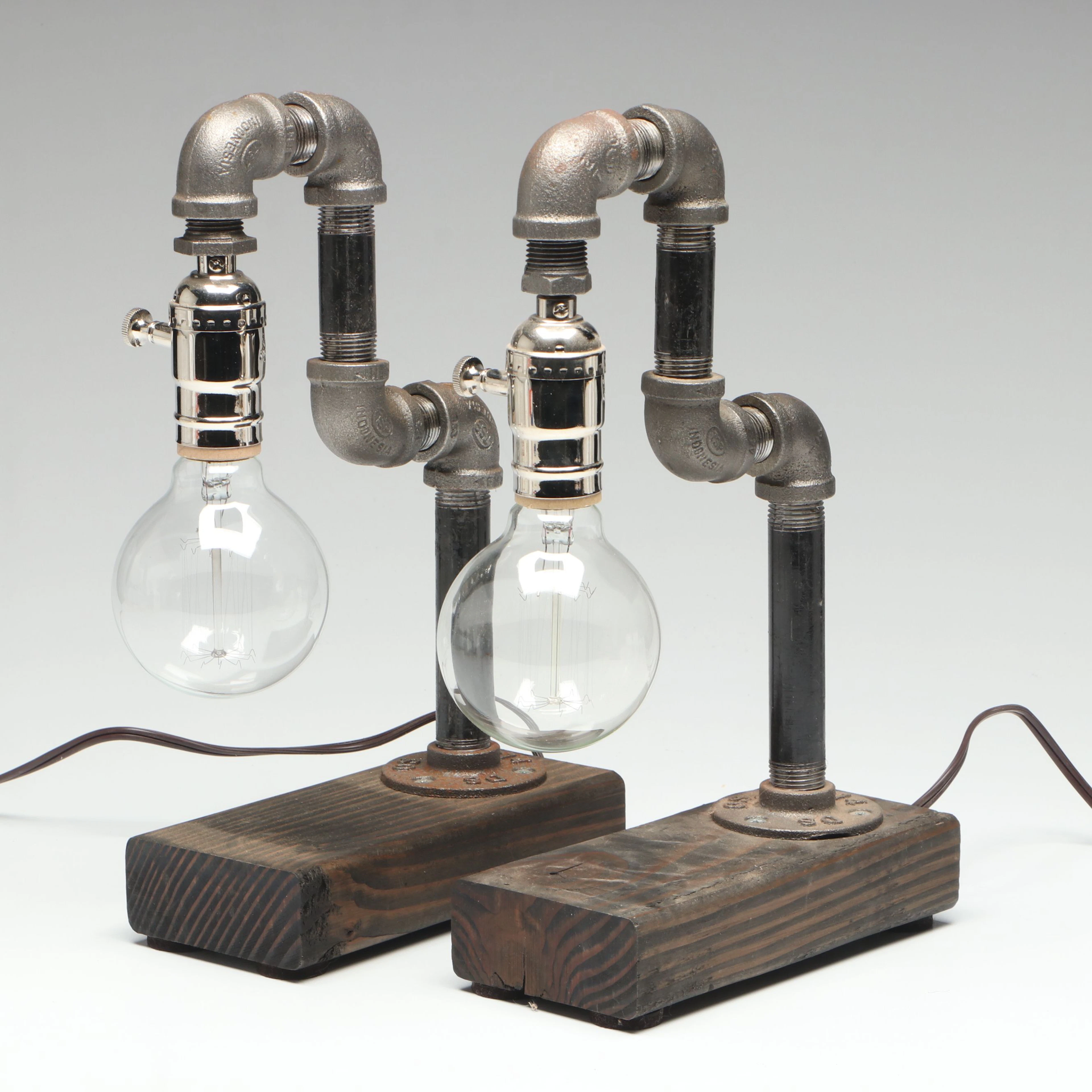 Industrial Steampunk Pipe Elbow on Wood Base Table Lamps