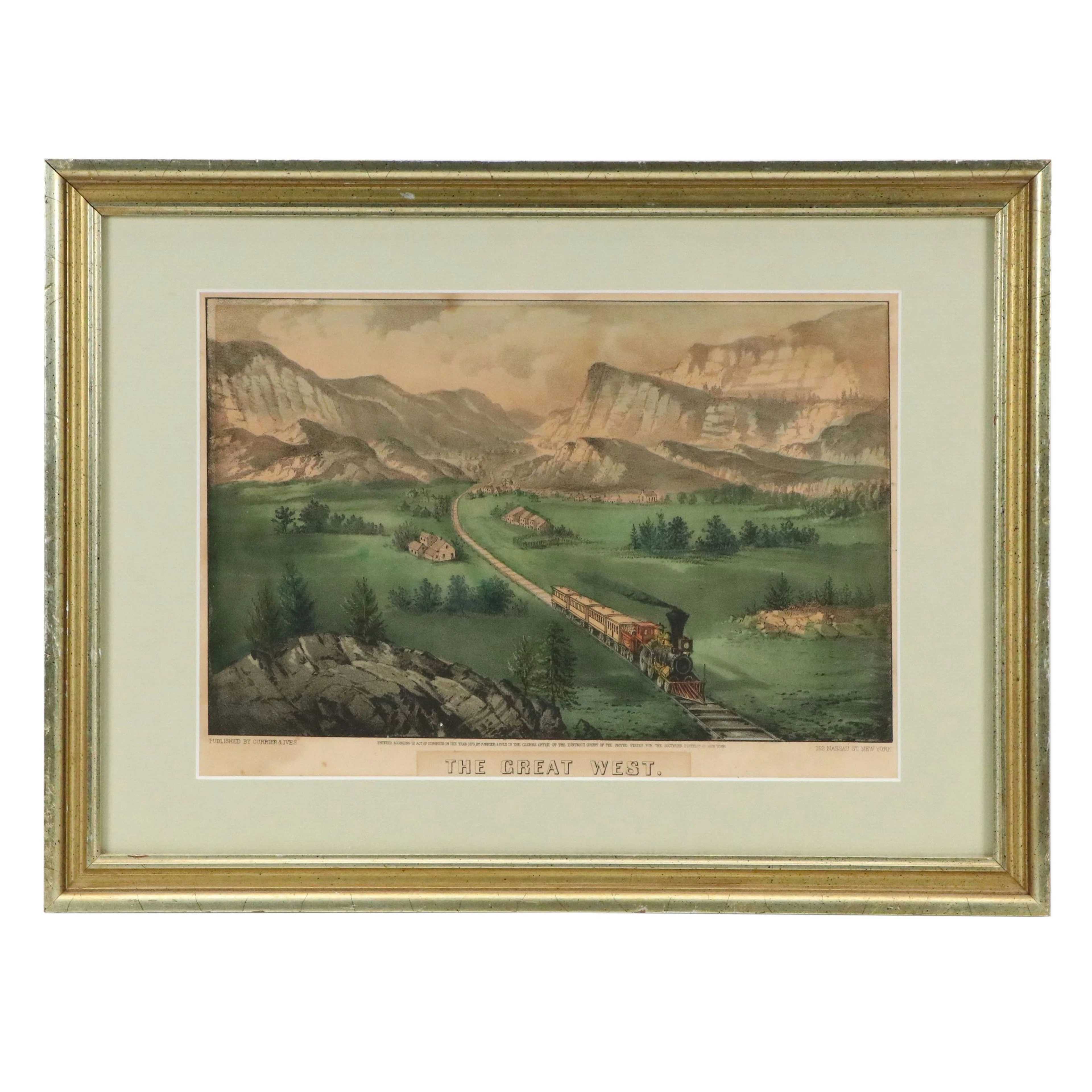 Antique Currier & Ives Hand-Colored Lithograph "The Great West," 1870