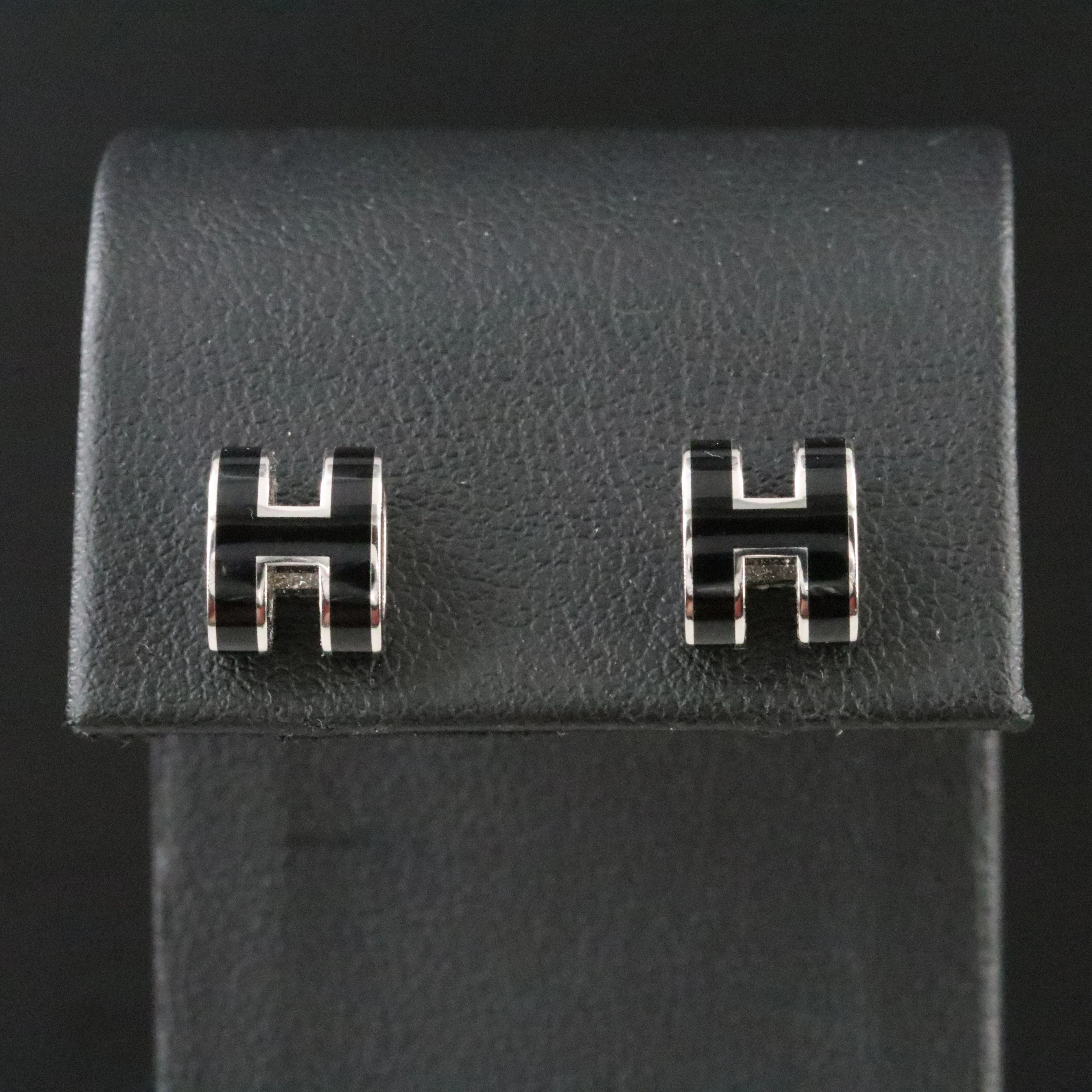Hermès Mini Pop H Silver Tone and Black Enamel Earrings