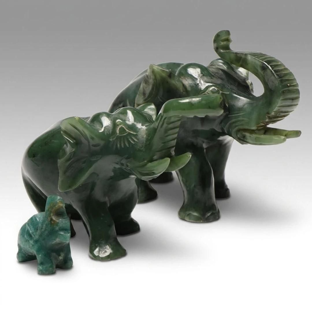 East Asian Hand-Carved Nephrite Elephant Figures with Aventurine Figure