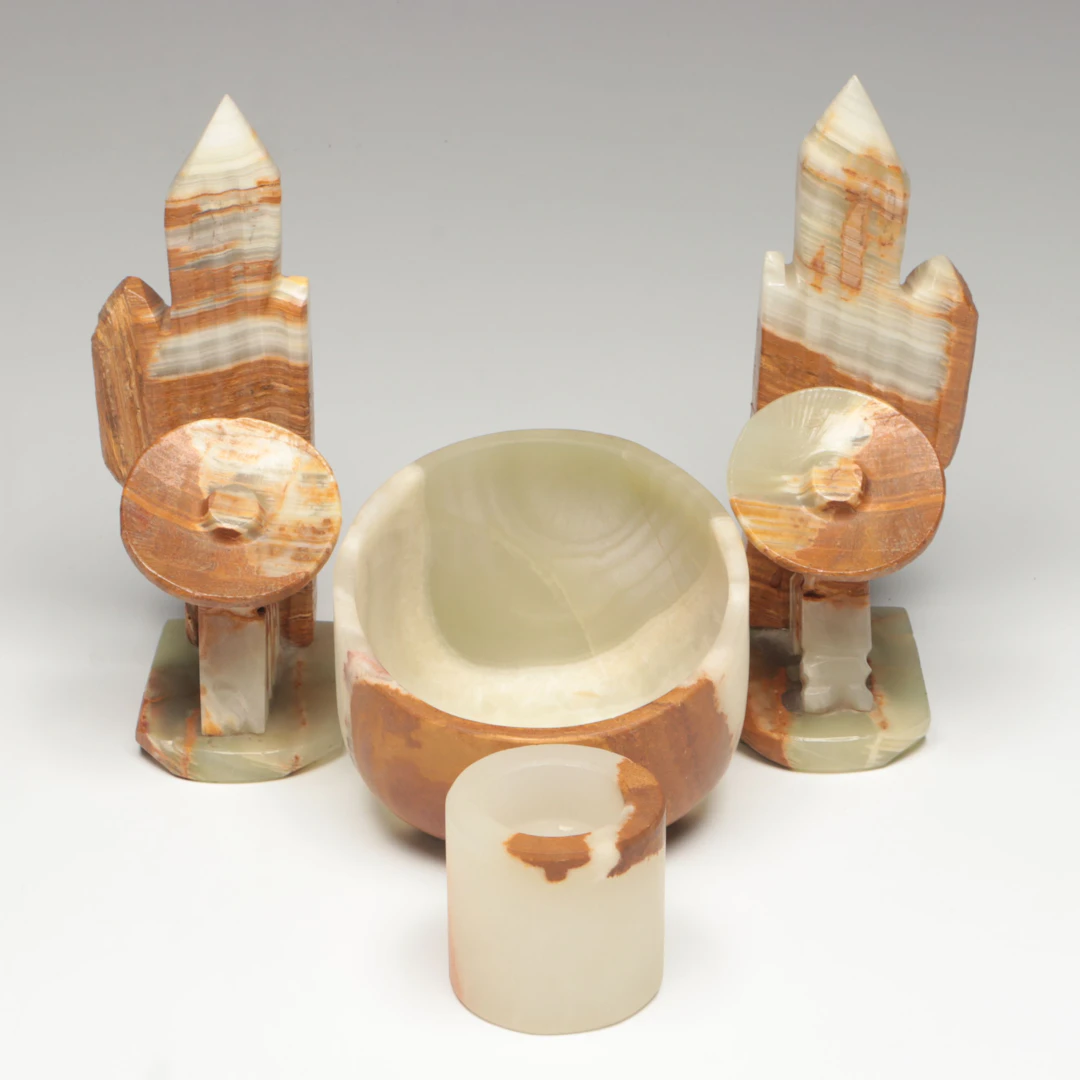 Banded Calcite Bowl and Candlestick with Mexican Figural Bookends